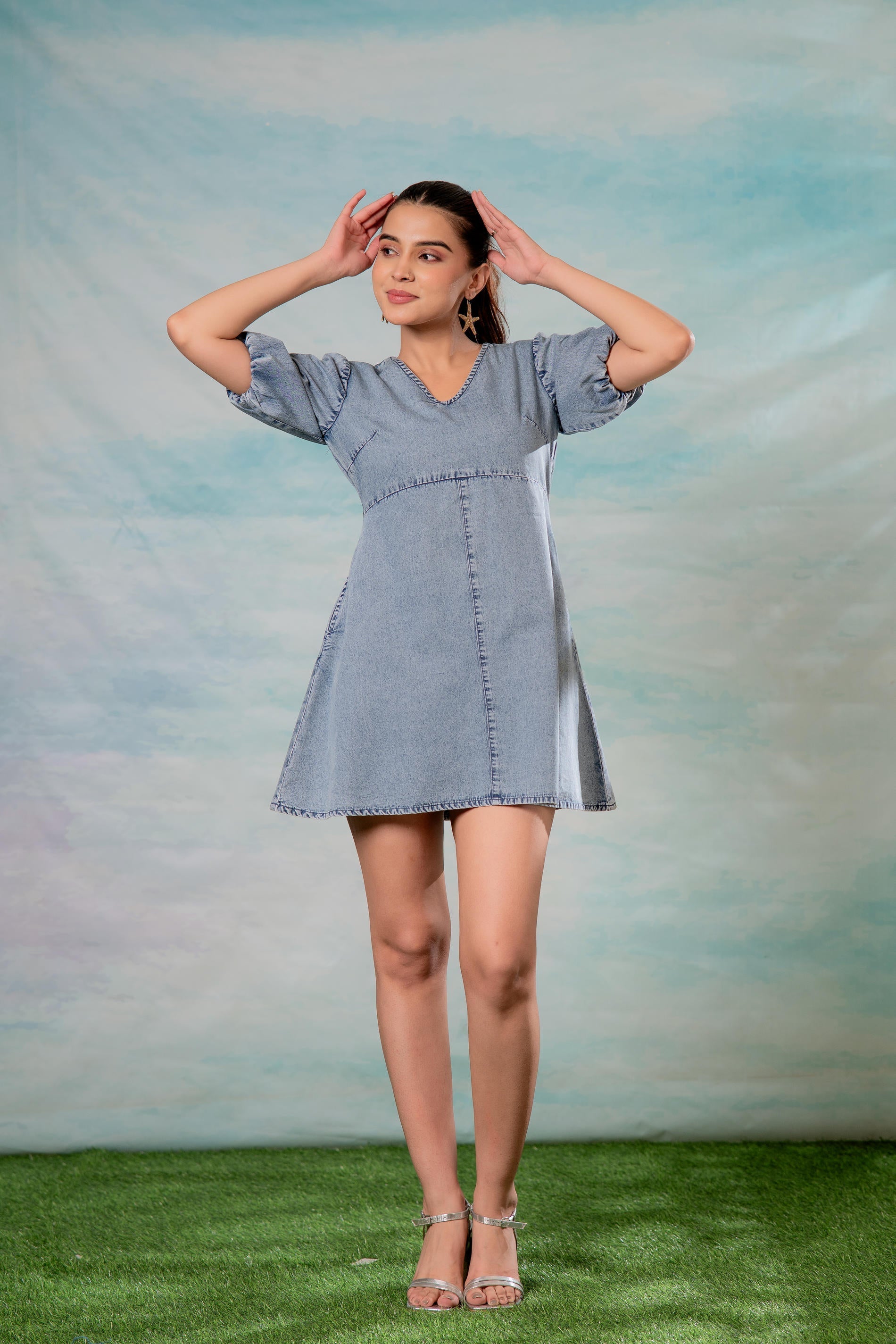 Light Blue Denim A-Line Mini Dress with Puff Sleeves