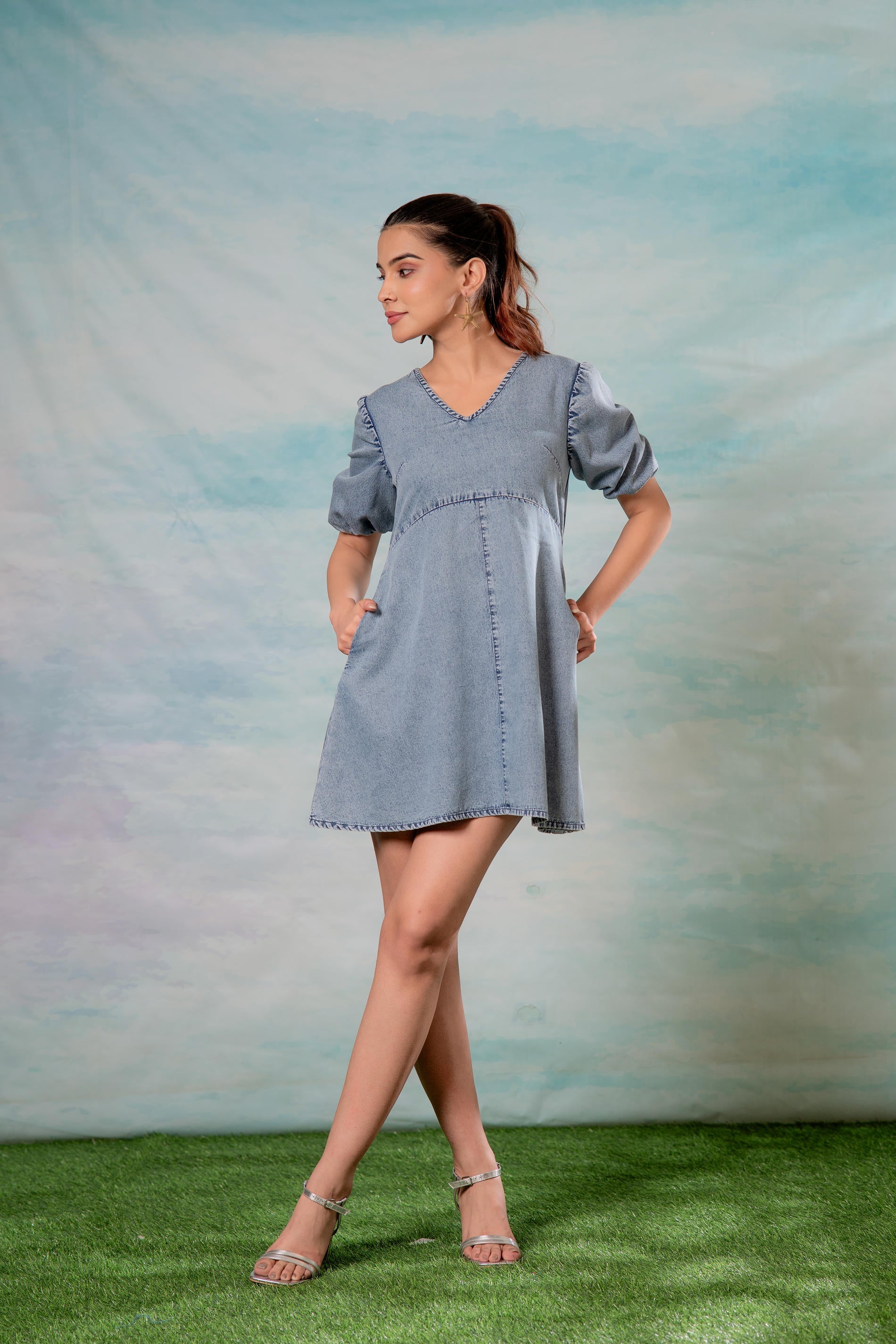 Light Blue Denim A-Line Mini Dress with Puff Sleeves