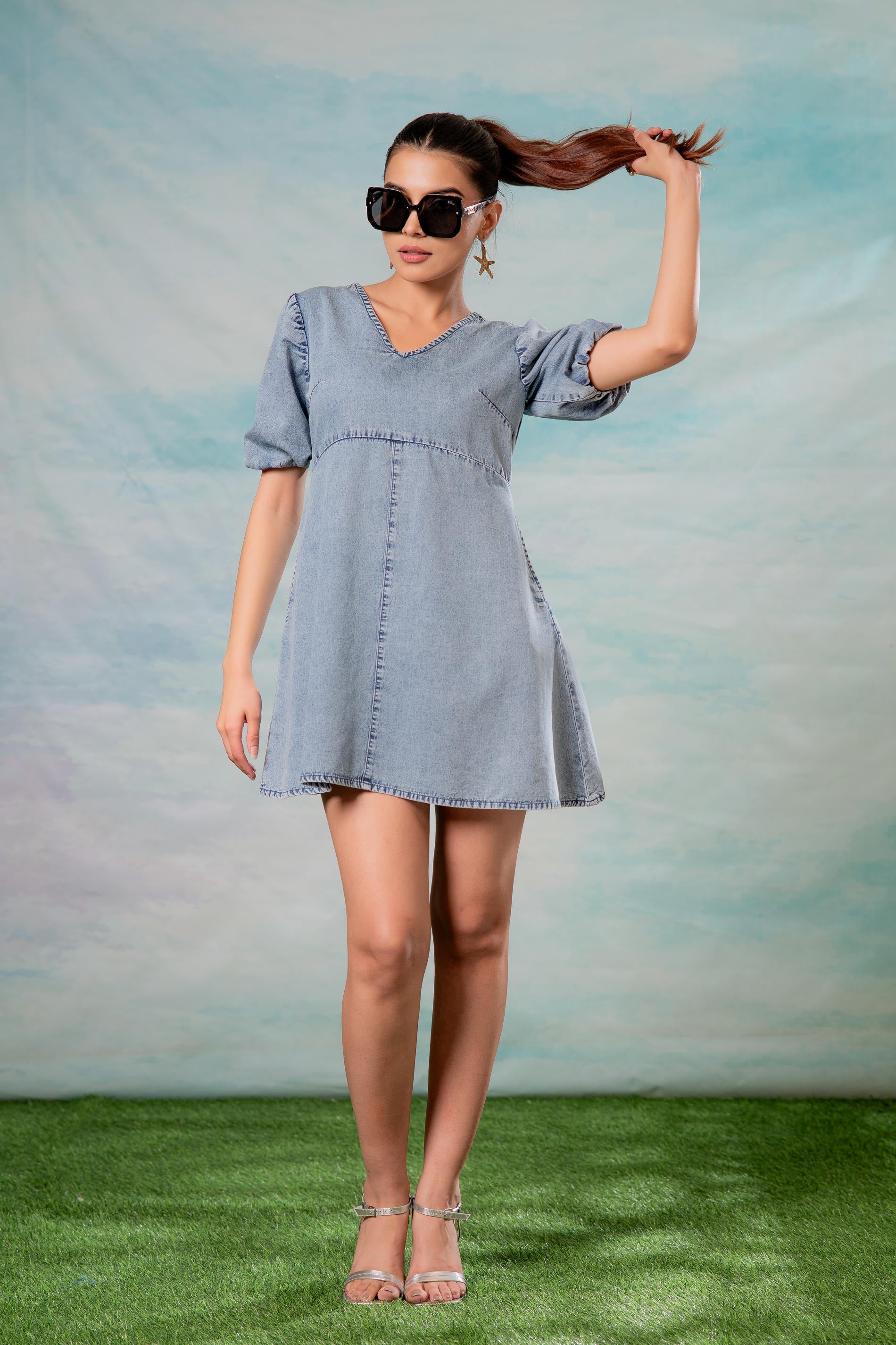 Light Blue Denim A-Line Mini Dress with Puff Sleeves