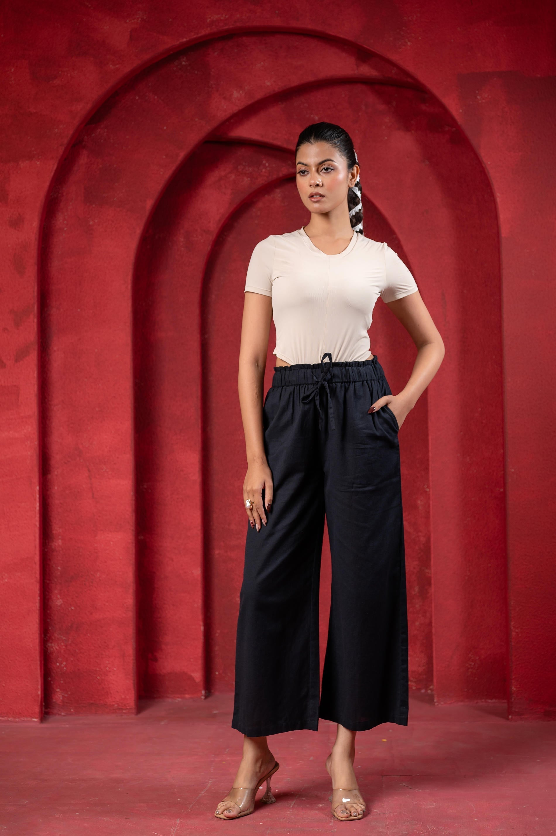 Women’s Black Wide-Leg Drawstring Palazzo Pants