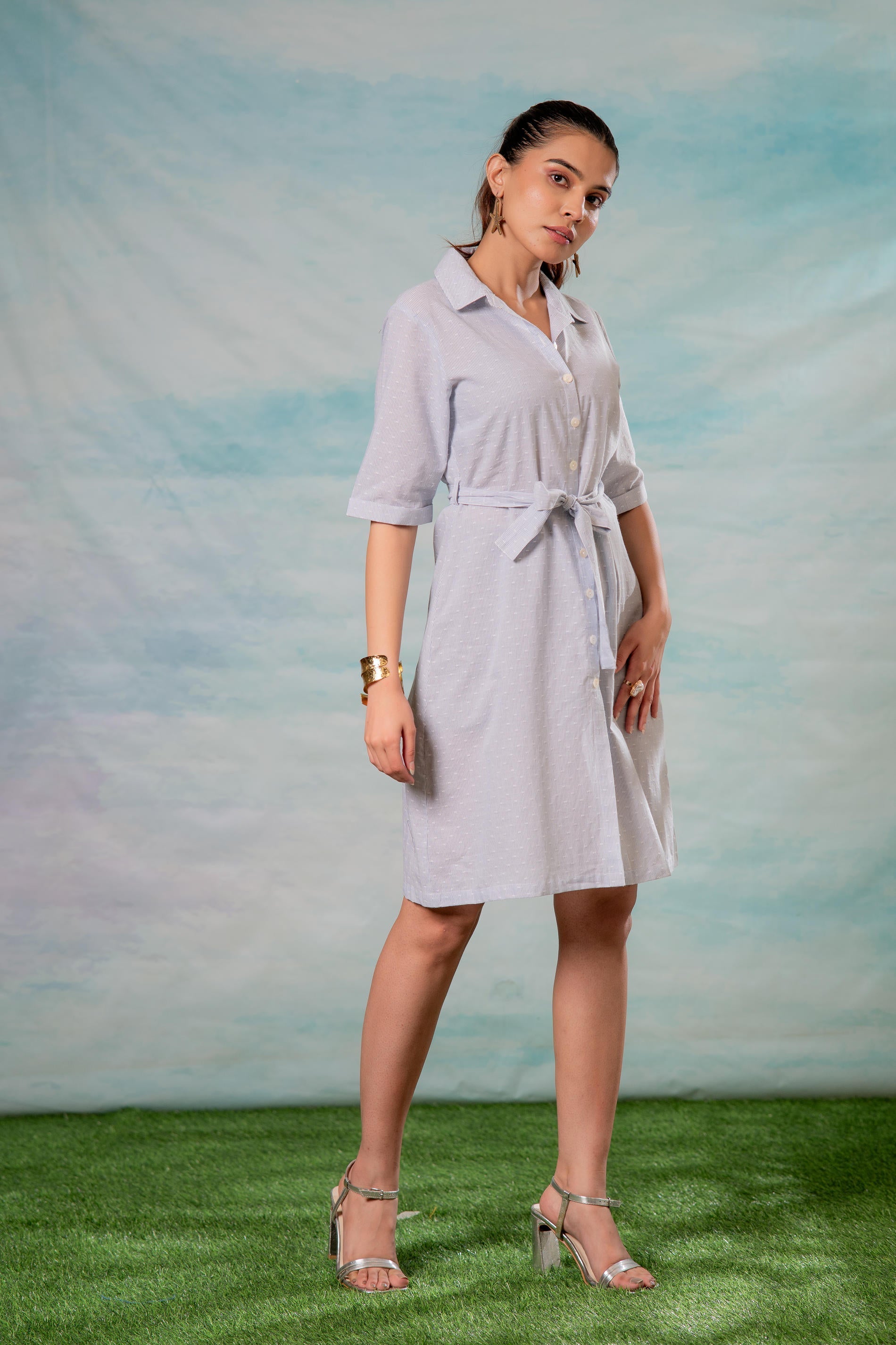 Women’s Light Aqua Shirt Dress with Front Tie-Up Belt