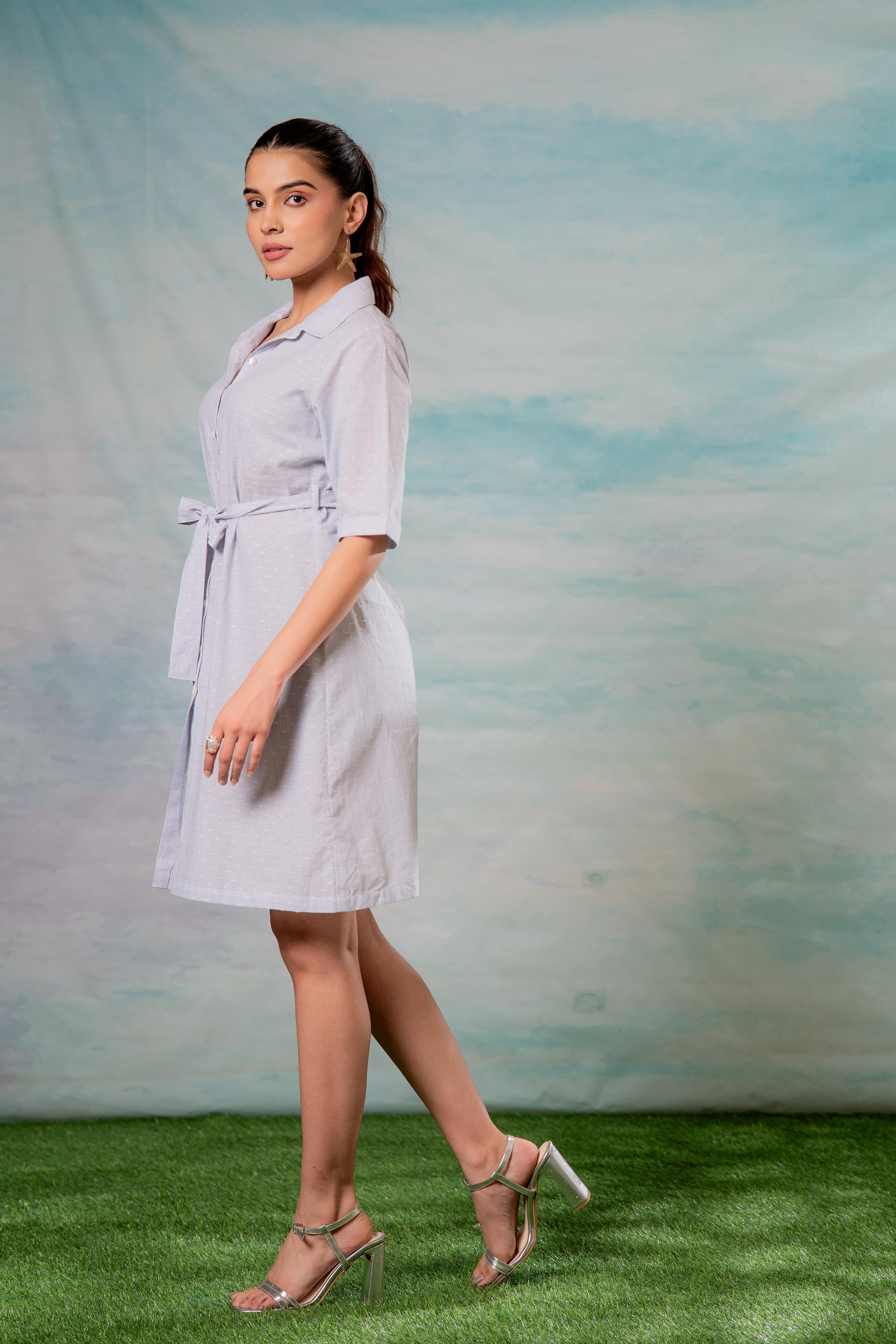 Women’s Light Aqua Shirt Dress with Front Tie-Up Belt