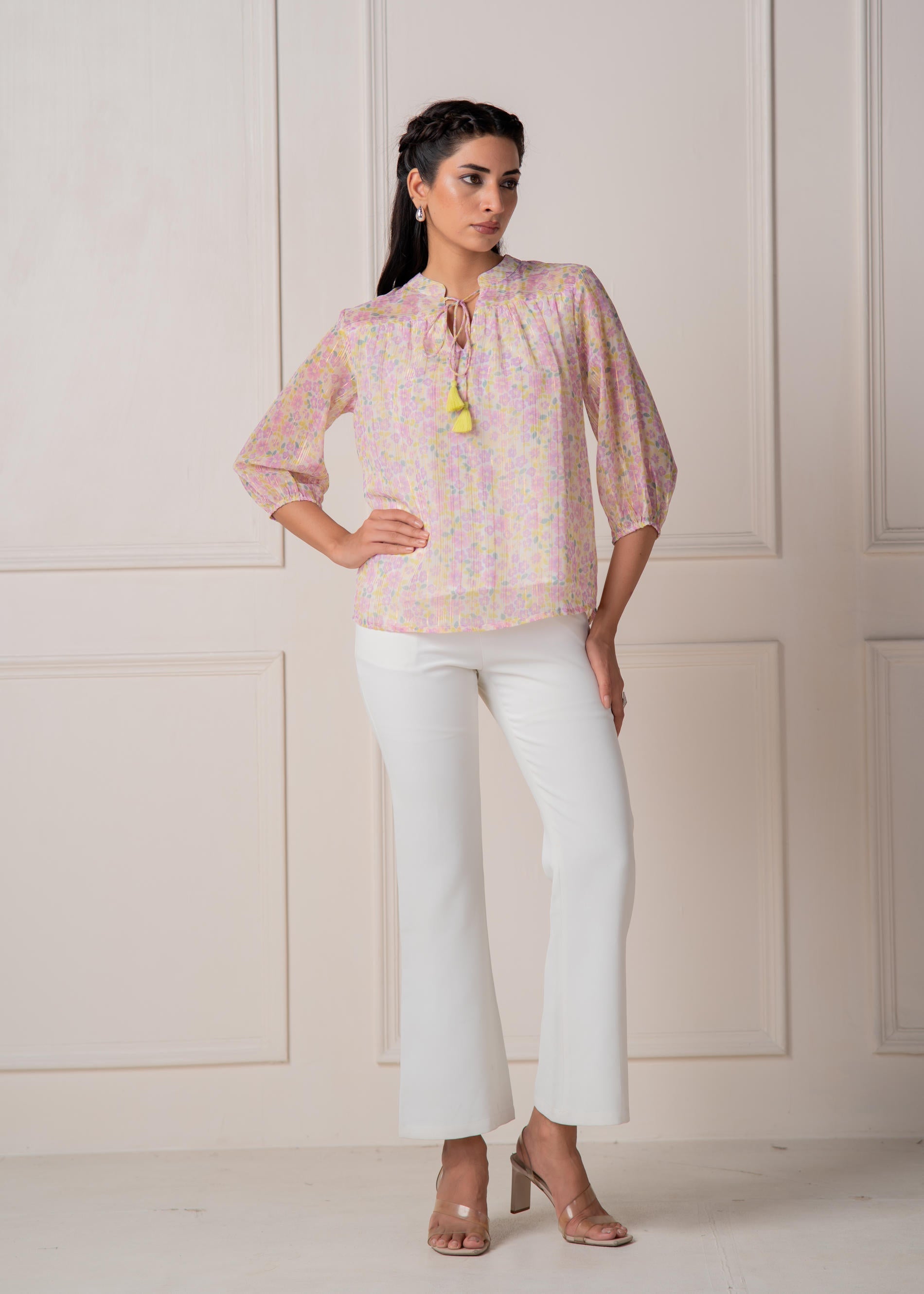 Pastel Floral Tie-Neck Peasant Top with Tassels