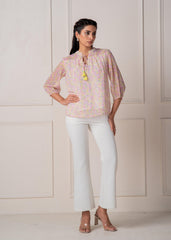 Lamora Pastel Floral Tie-Neck Peasant Top with Tassels