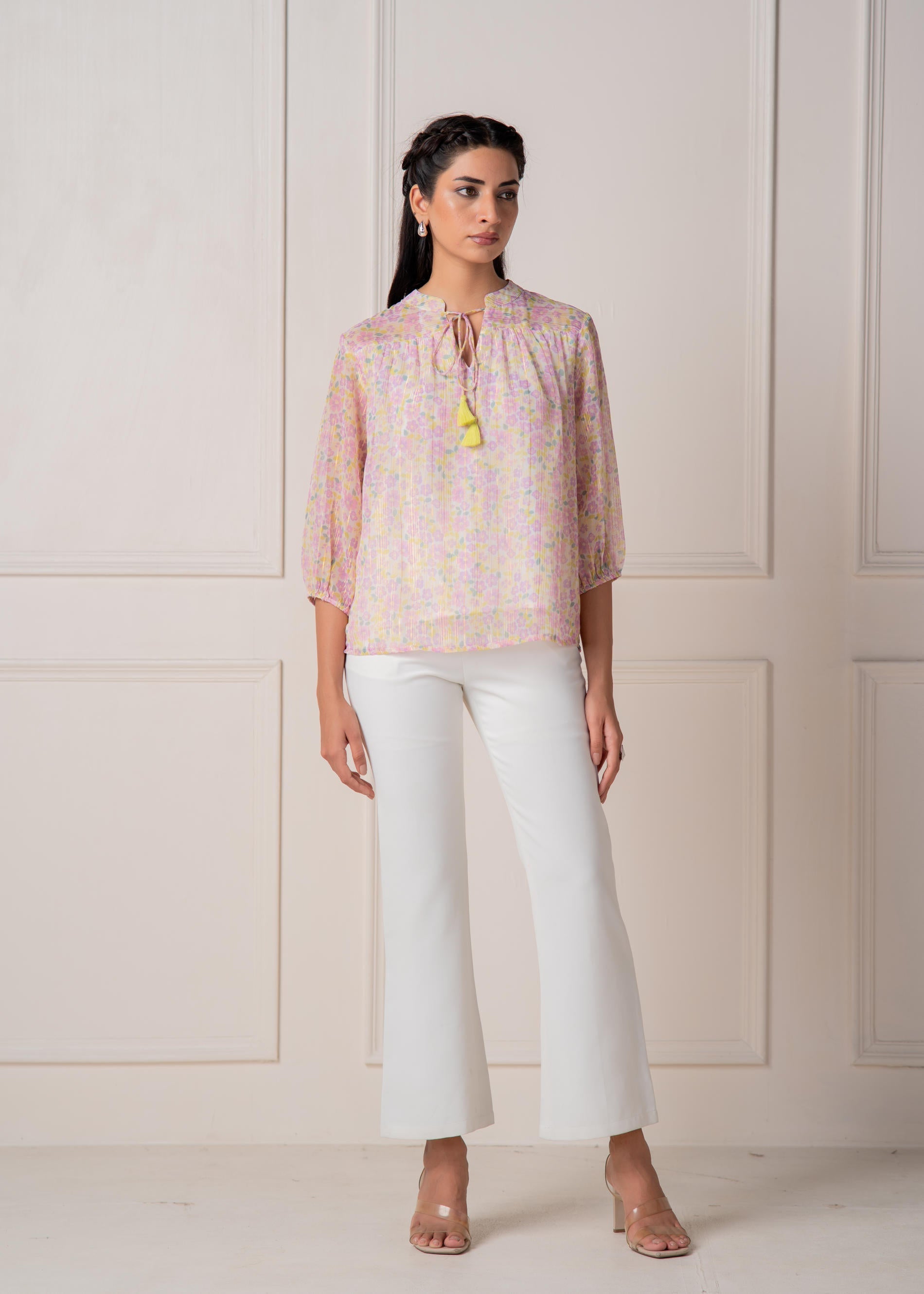 Pastel Floral Tie-Neck Peasant Top with Tassels