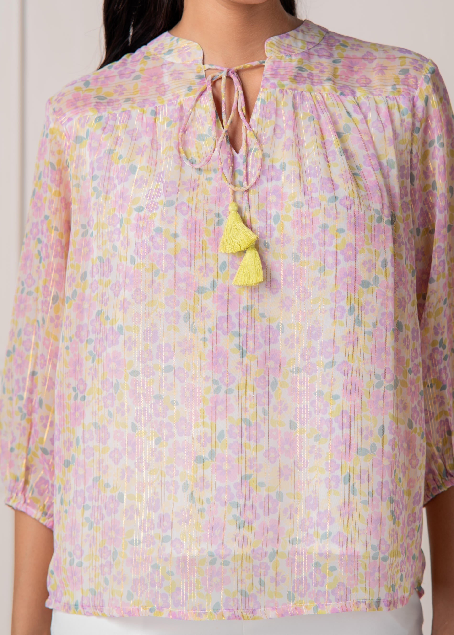 Pastel Floral Tie-Neck Peasant Top with Tassels