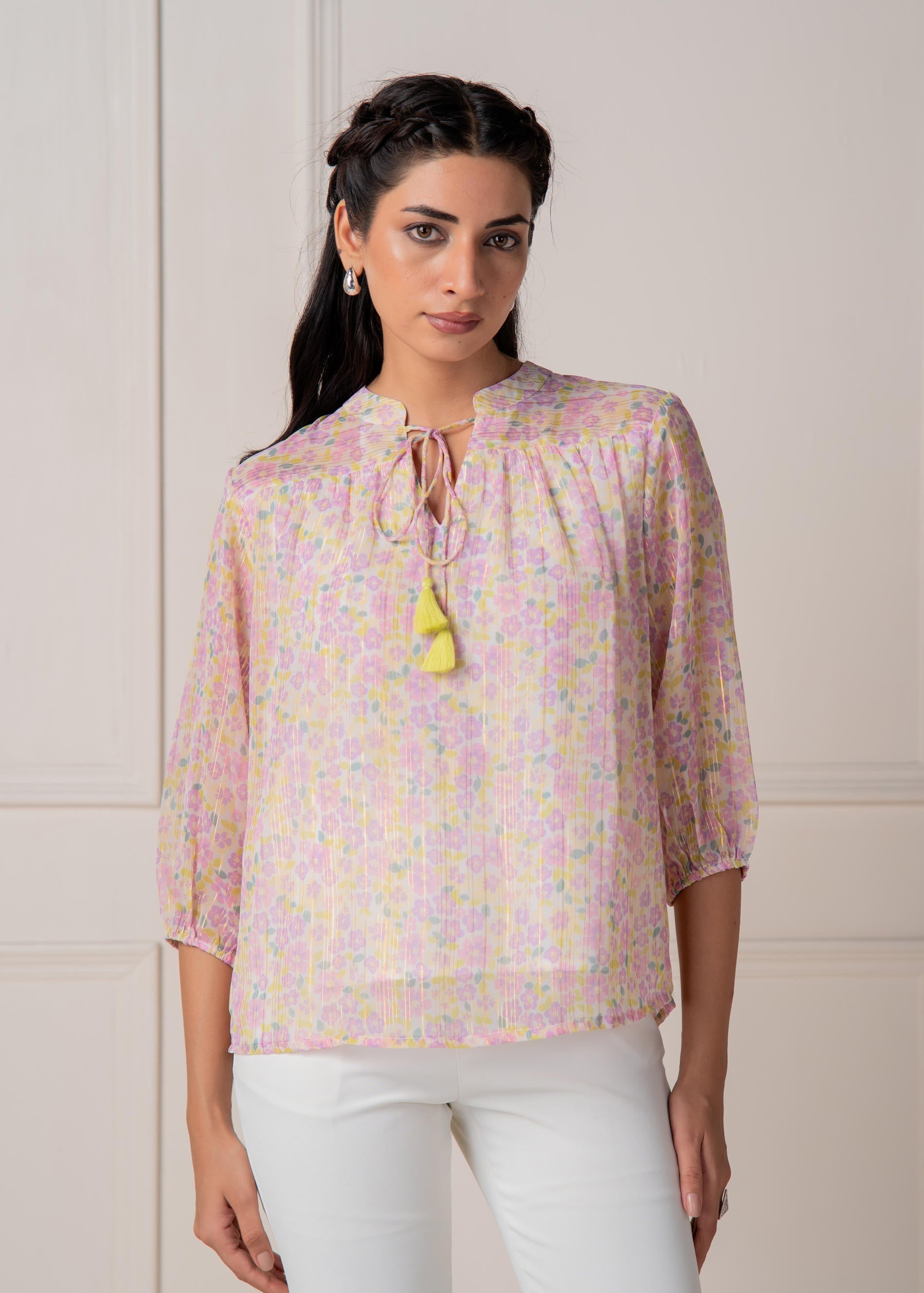 Pastel Floral Tie-Neck Peasant Top with Tassels