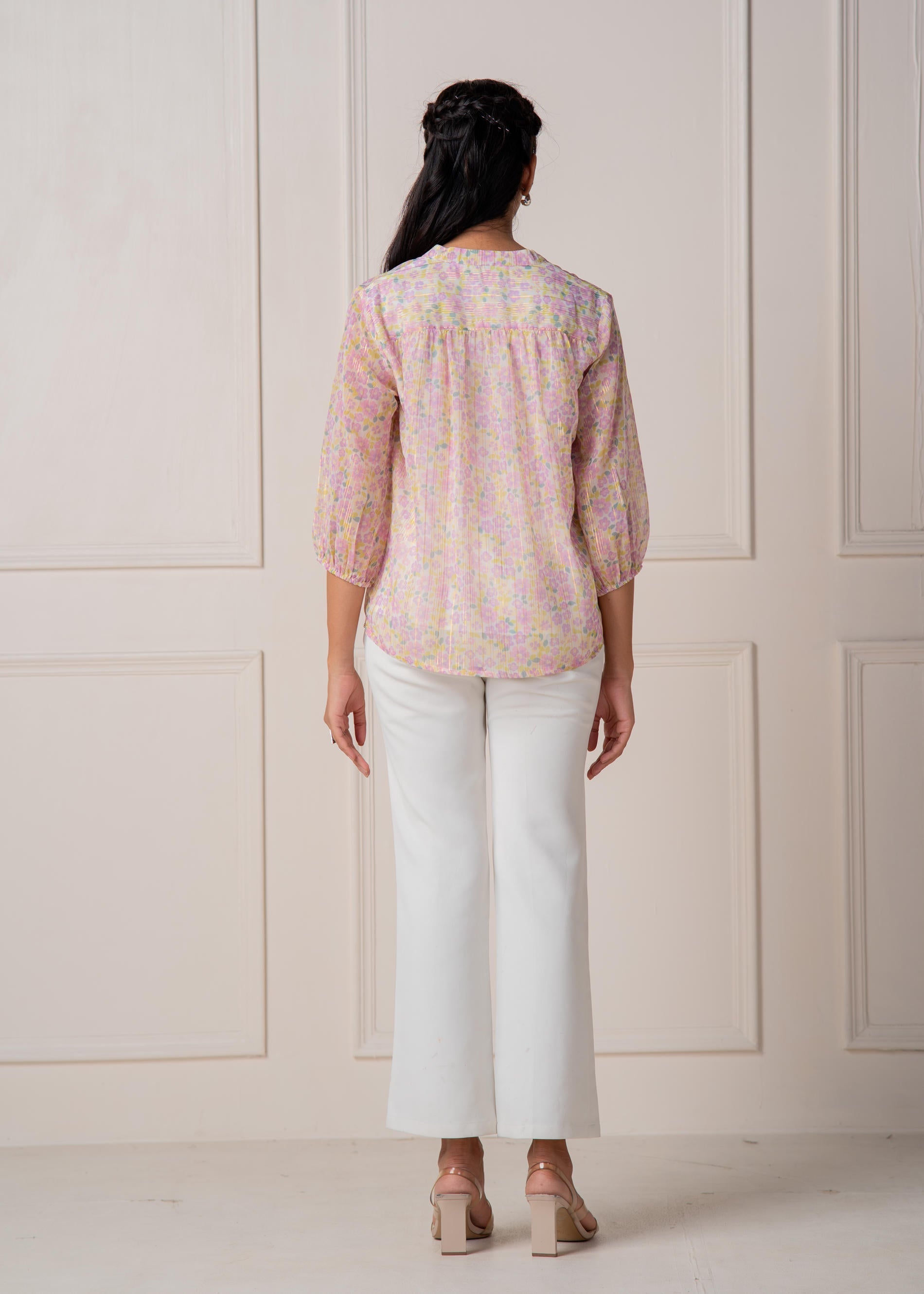 Pastel Floral Tie-Neck Peasant Top with Tassels