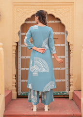 Women's Printed Powder Blue Viscose Kurta With Pant