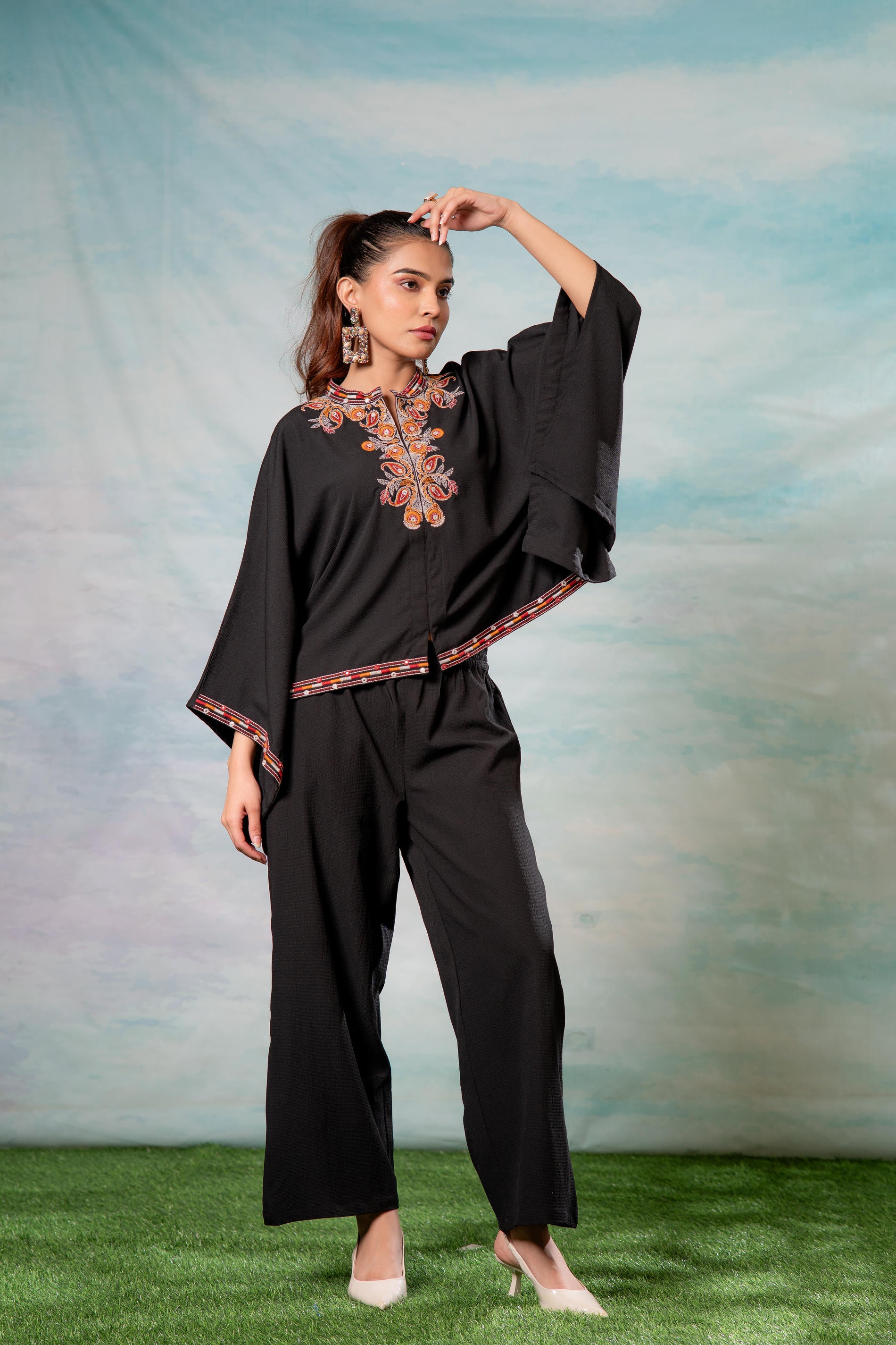 Black Embroidered Cape Tunic with Matching Palazzo Pants-P1900BLACK