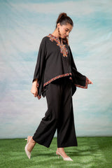 Black Embroidered Cape Tunic with Matching Palazzo Pants-P1900BLACK