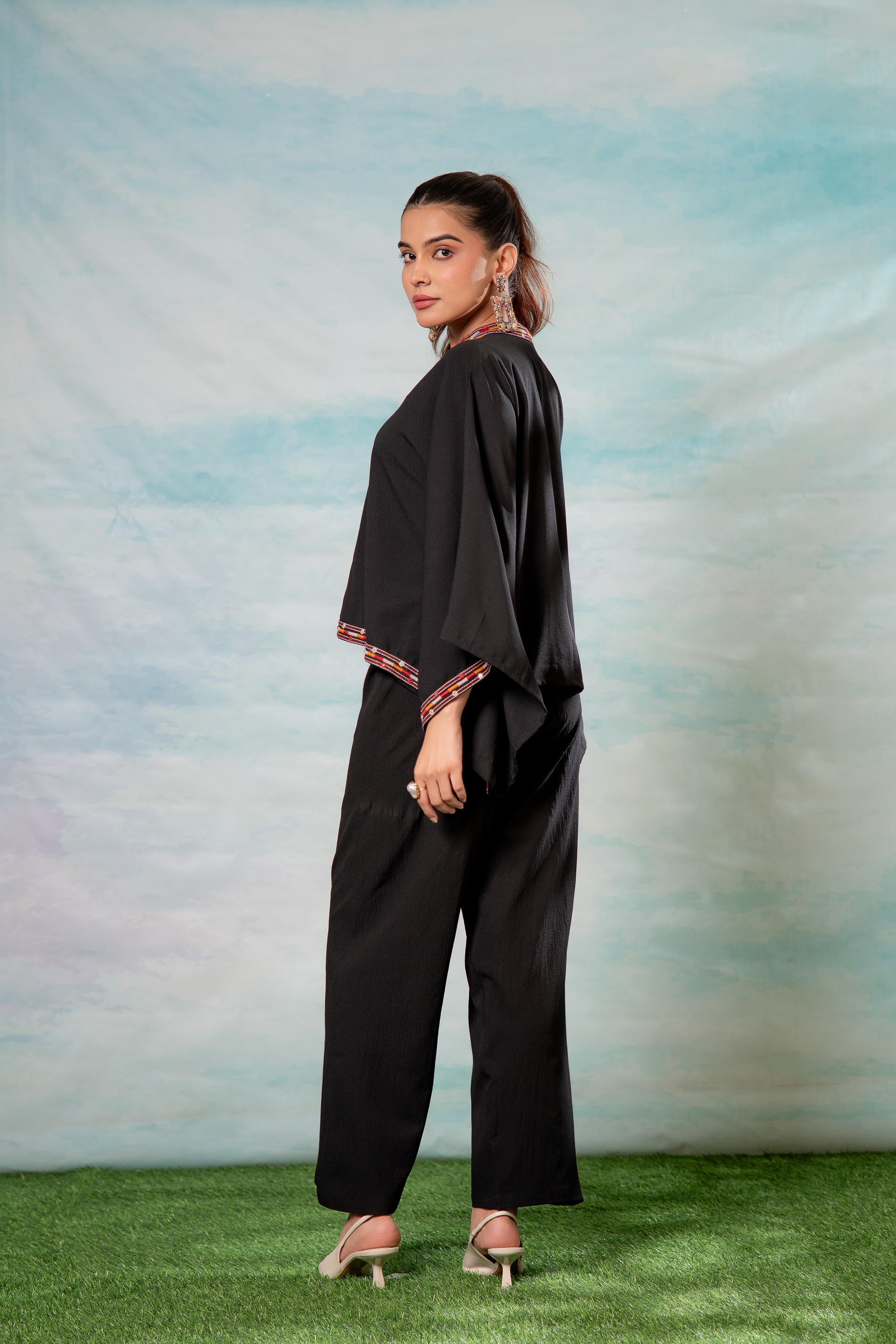 Black Embroidered Cape Tunic with Matching Palazzo Pants-P1900BLACK