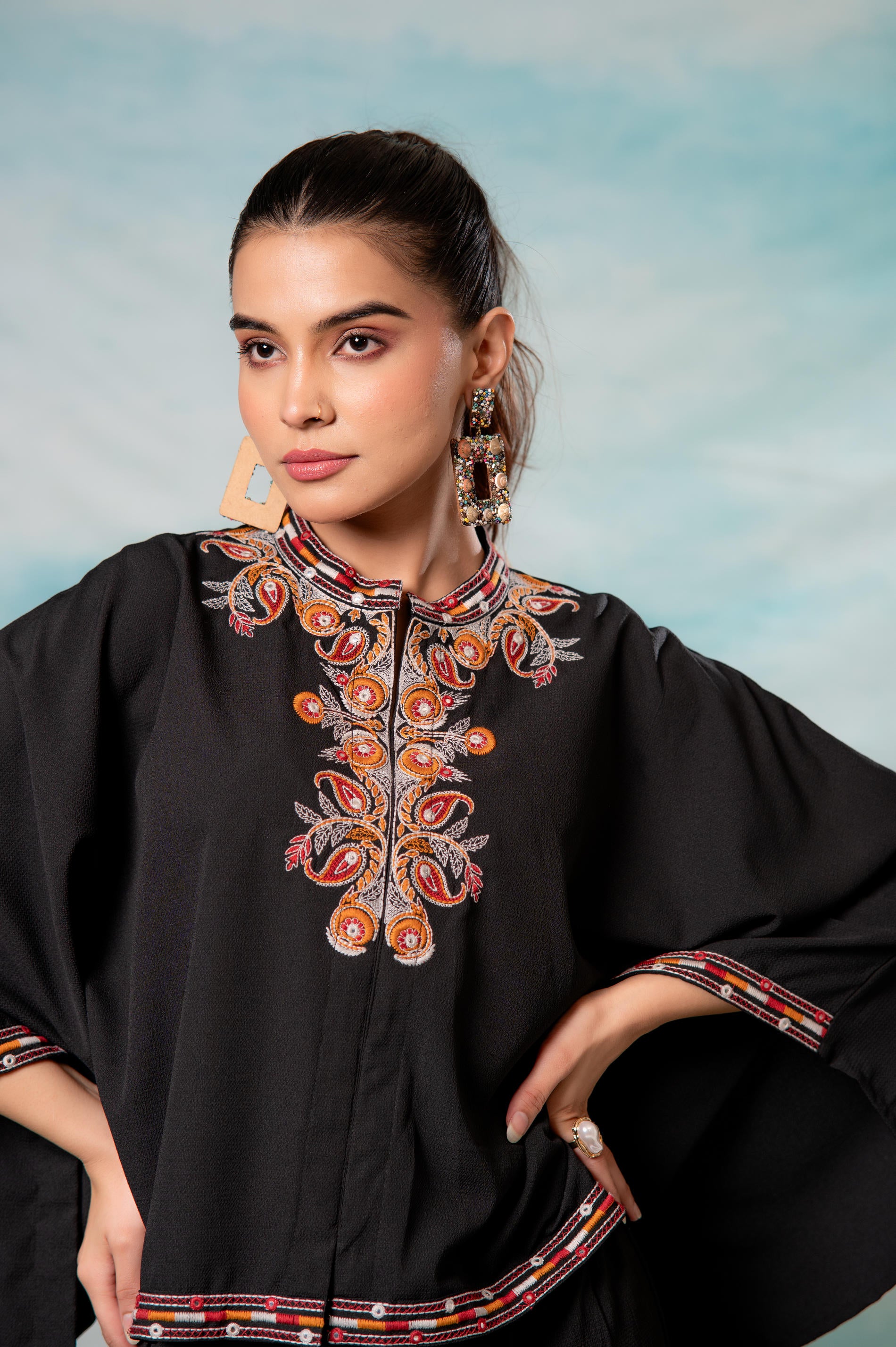 Black Embroidered Cape Tunic with Matching Palazzo Pants-P1900BLACK