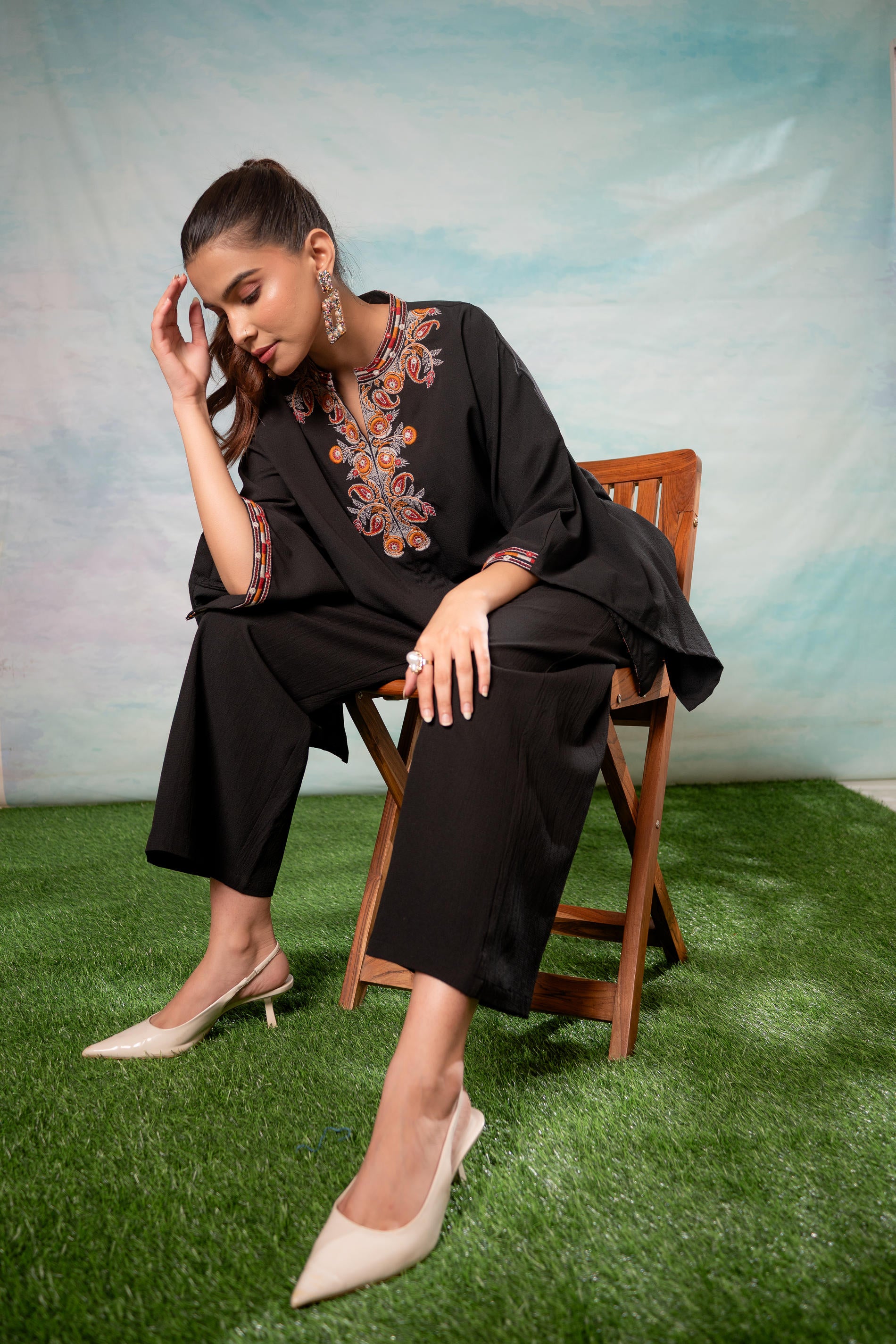 Black Embroidered Cape Tunic with Matching Palazzo Pants-P1900BLACK