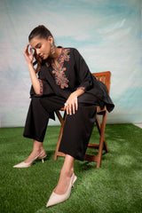 Black Embroidered Cape Tunic with Matching Palazzo Pants-P1900BLACK