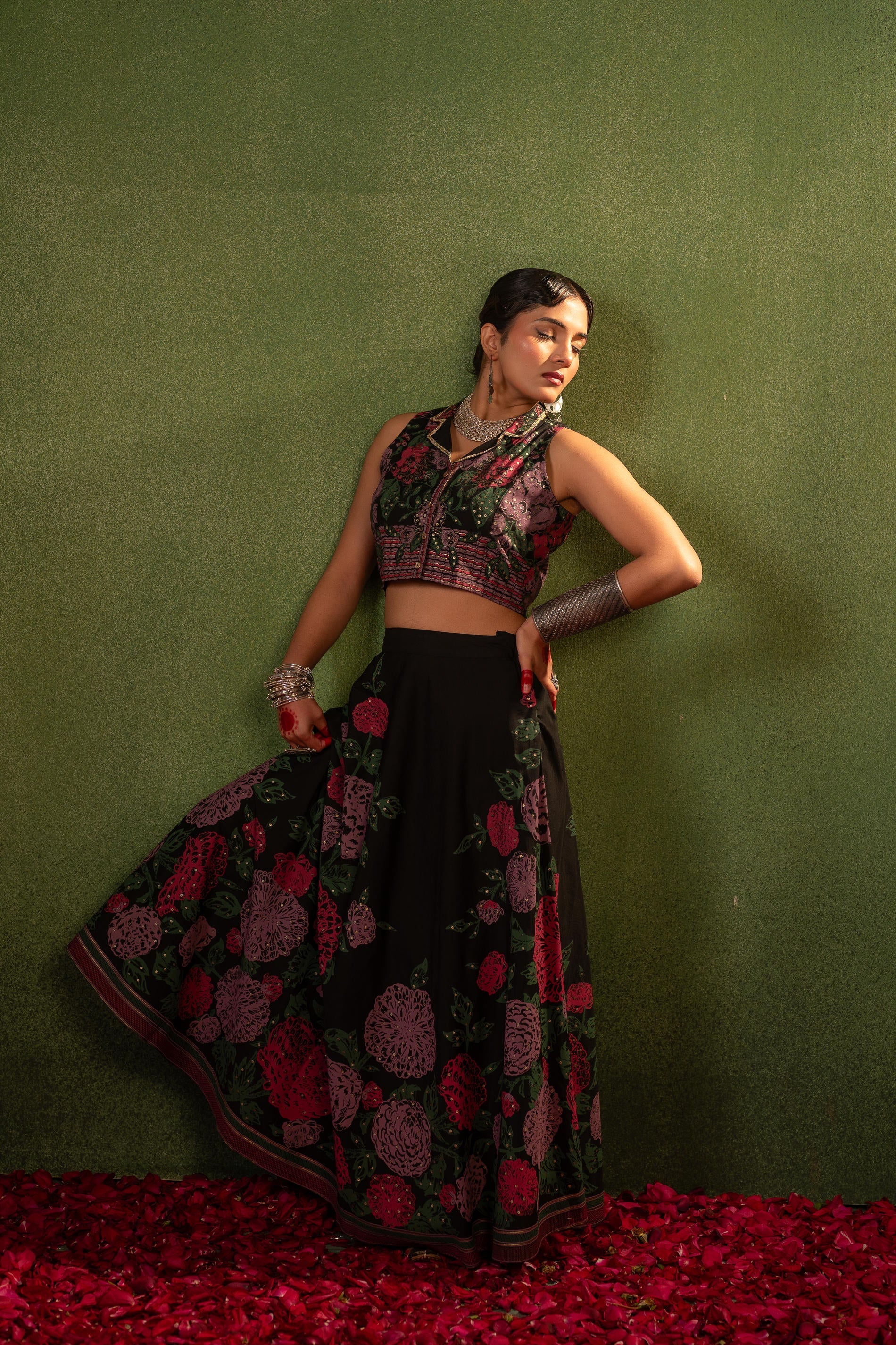 Contemporary Printed Top Skirt Set - Black | DesiQlo