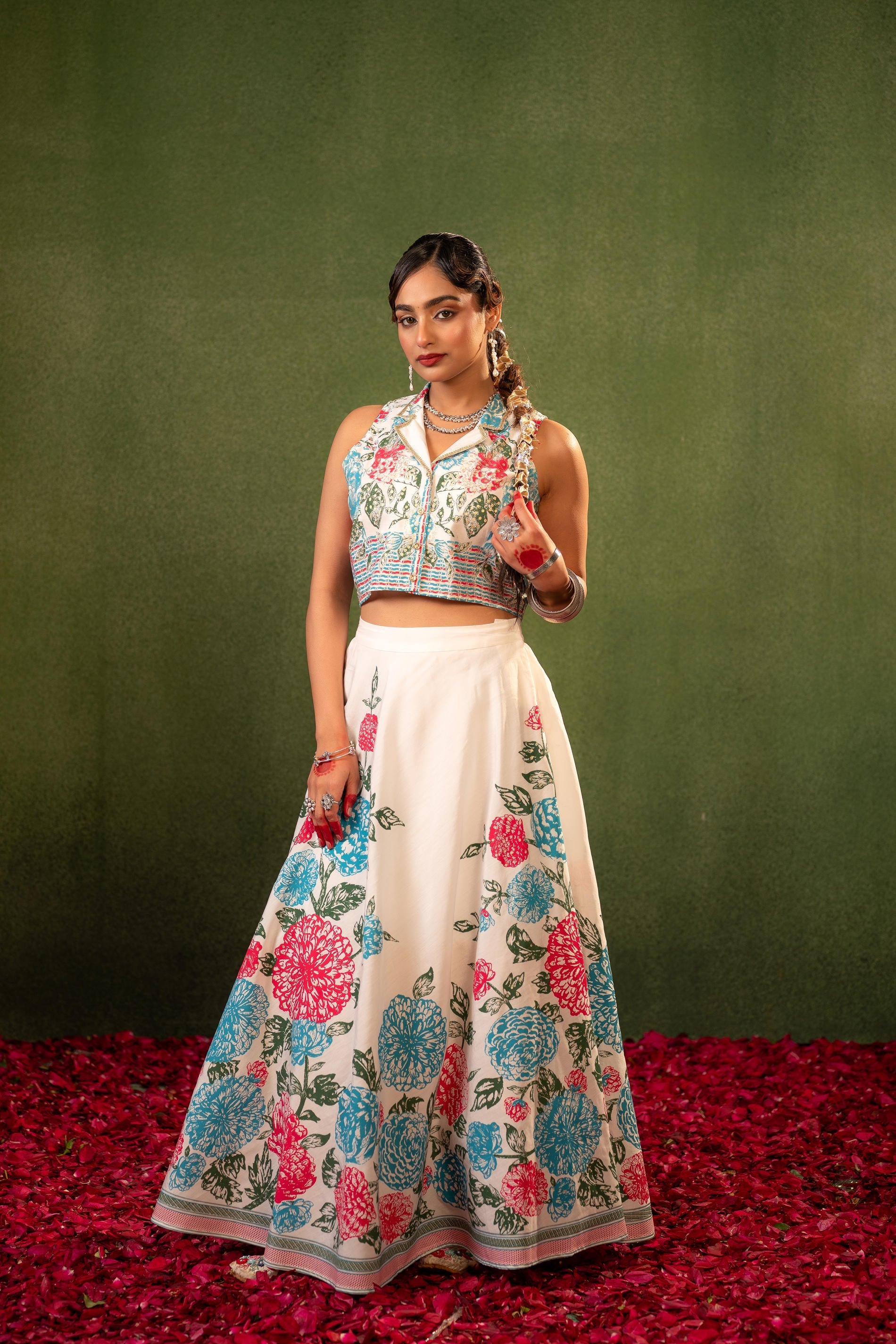 Contemporary Printed Top Skirt Set - Ivory | DesiQlo