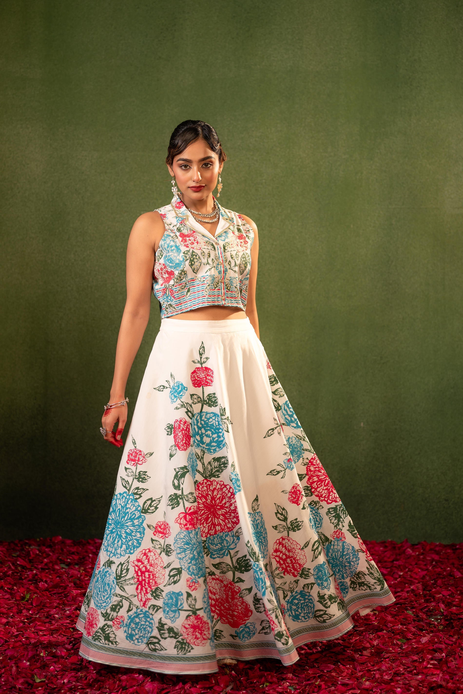 Contemporary Printed Top Skirt Set - Ivory | DesiQlo