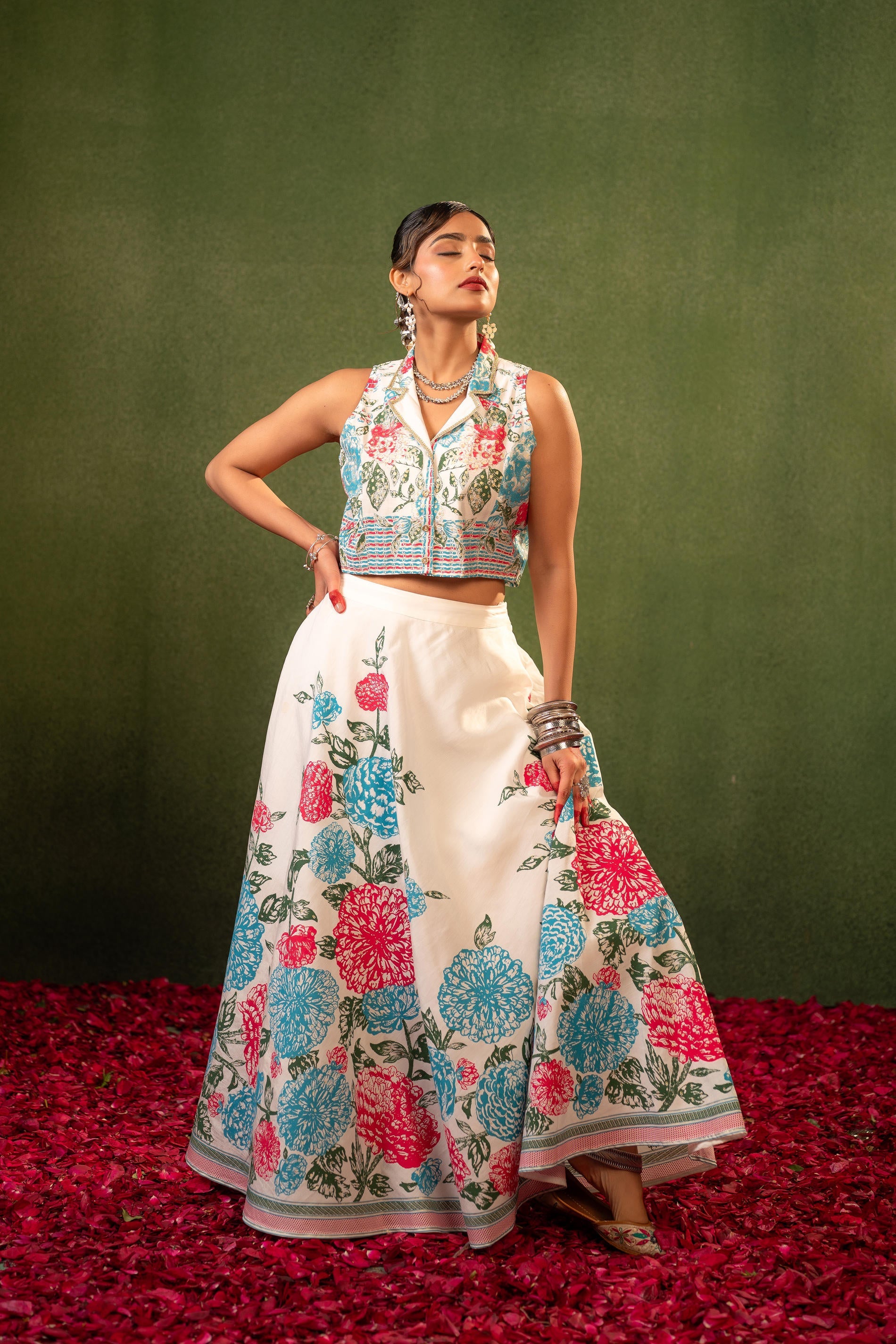 Contemporary Printed Top Skirt Set - Ivory | DesiQlo