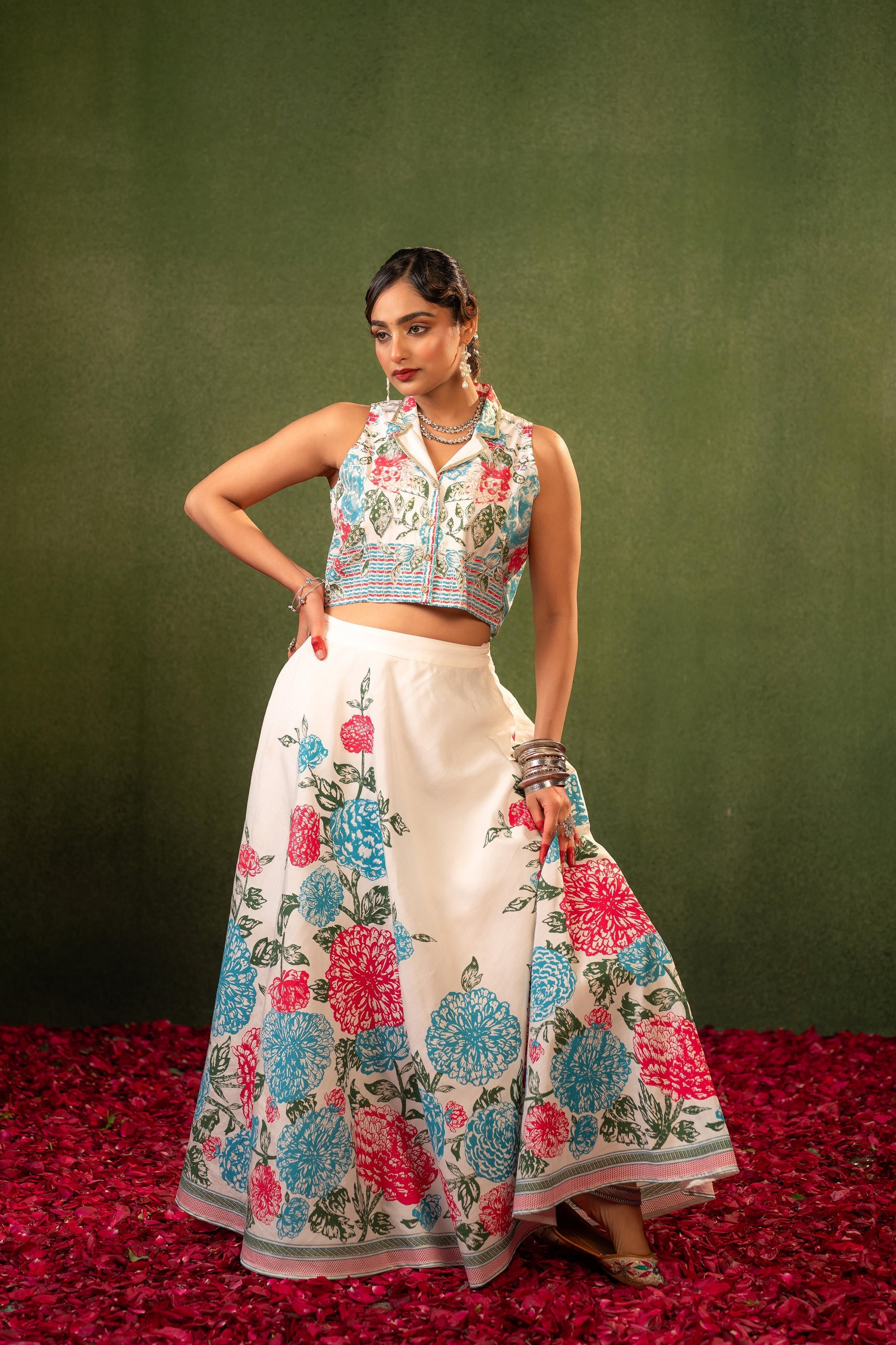 Contemporary Printed Top Skirt Set - Ivory | DesiQlo