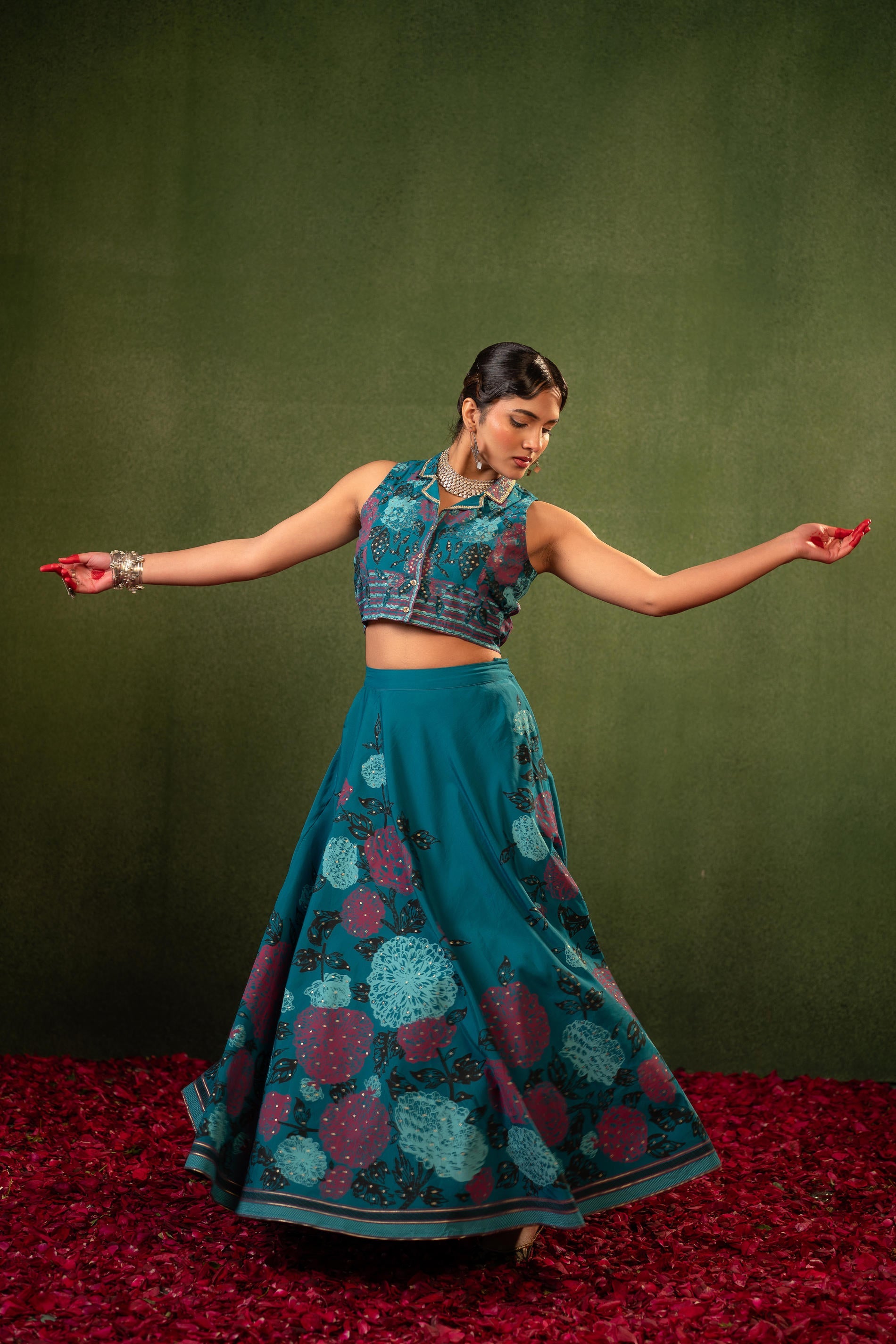 Contemporary Printed Top Skirt Set - Teal | DesiQlo