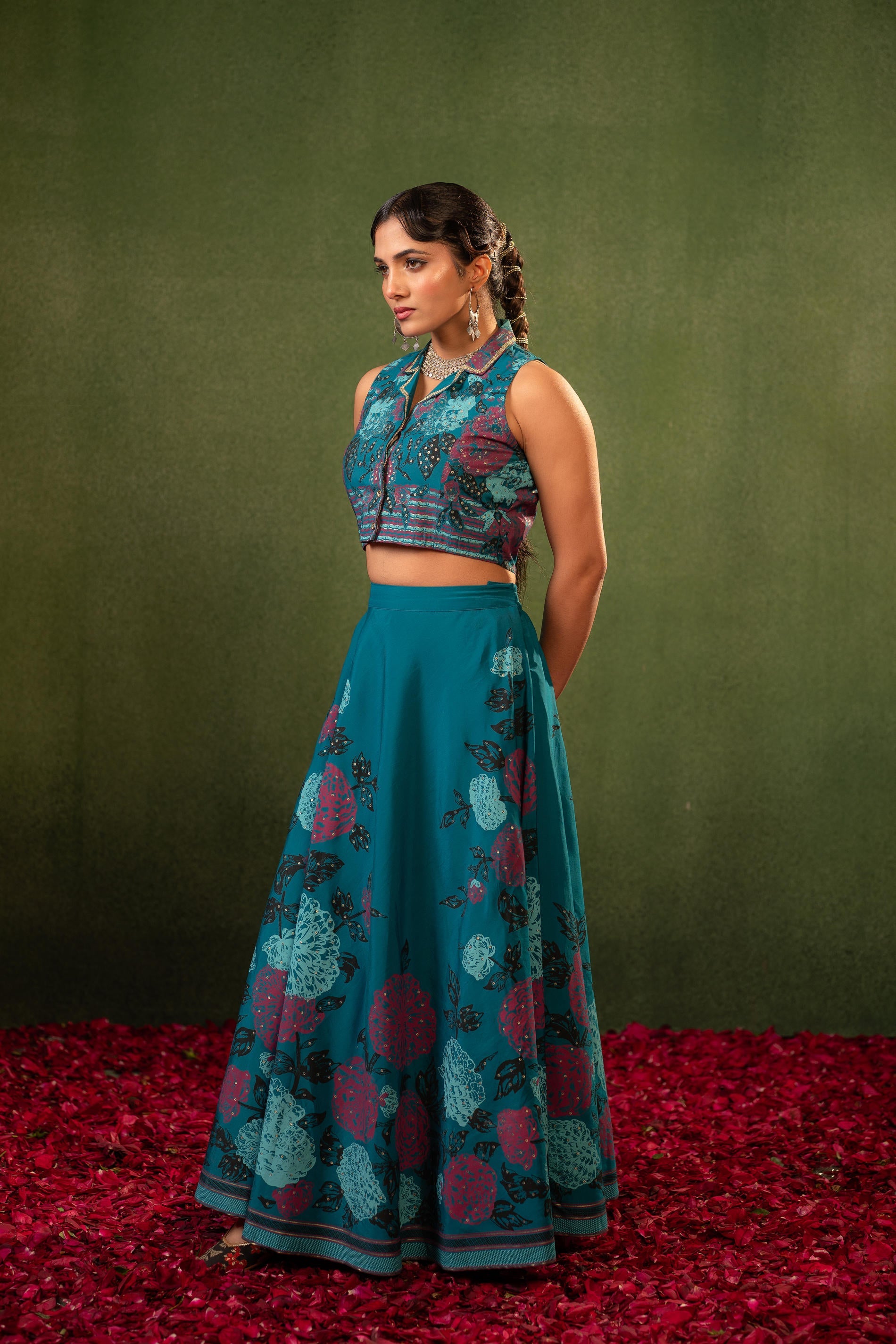 Contemporary Printed Top Skirt Set - Teal | DesiQlo