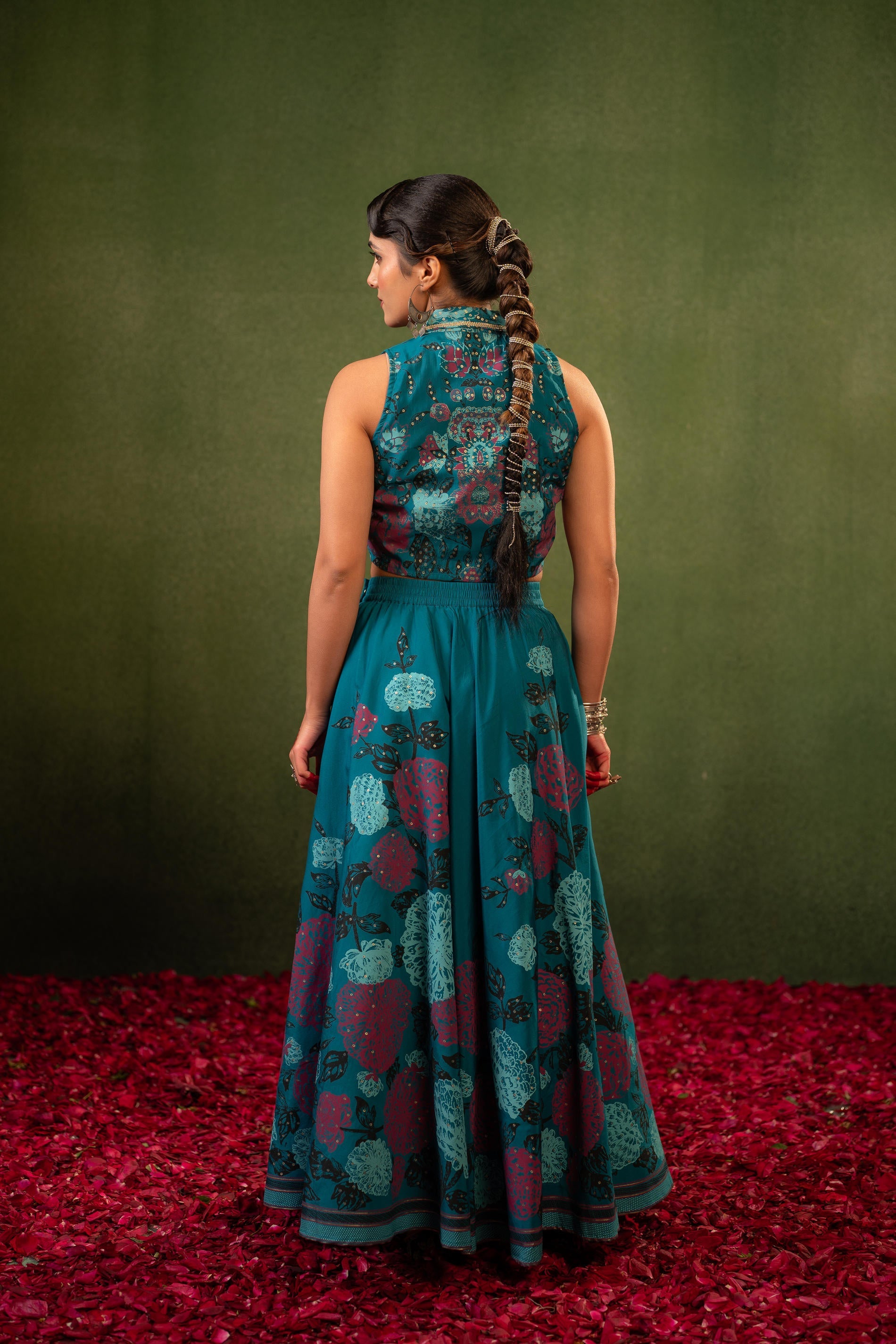 Contemporary Printed Top Skirt Set - Teal | DesiQlo