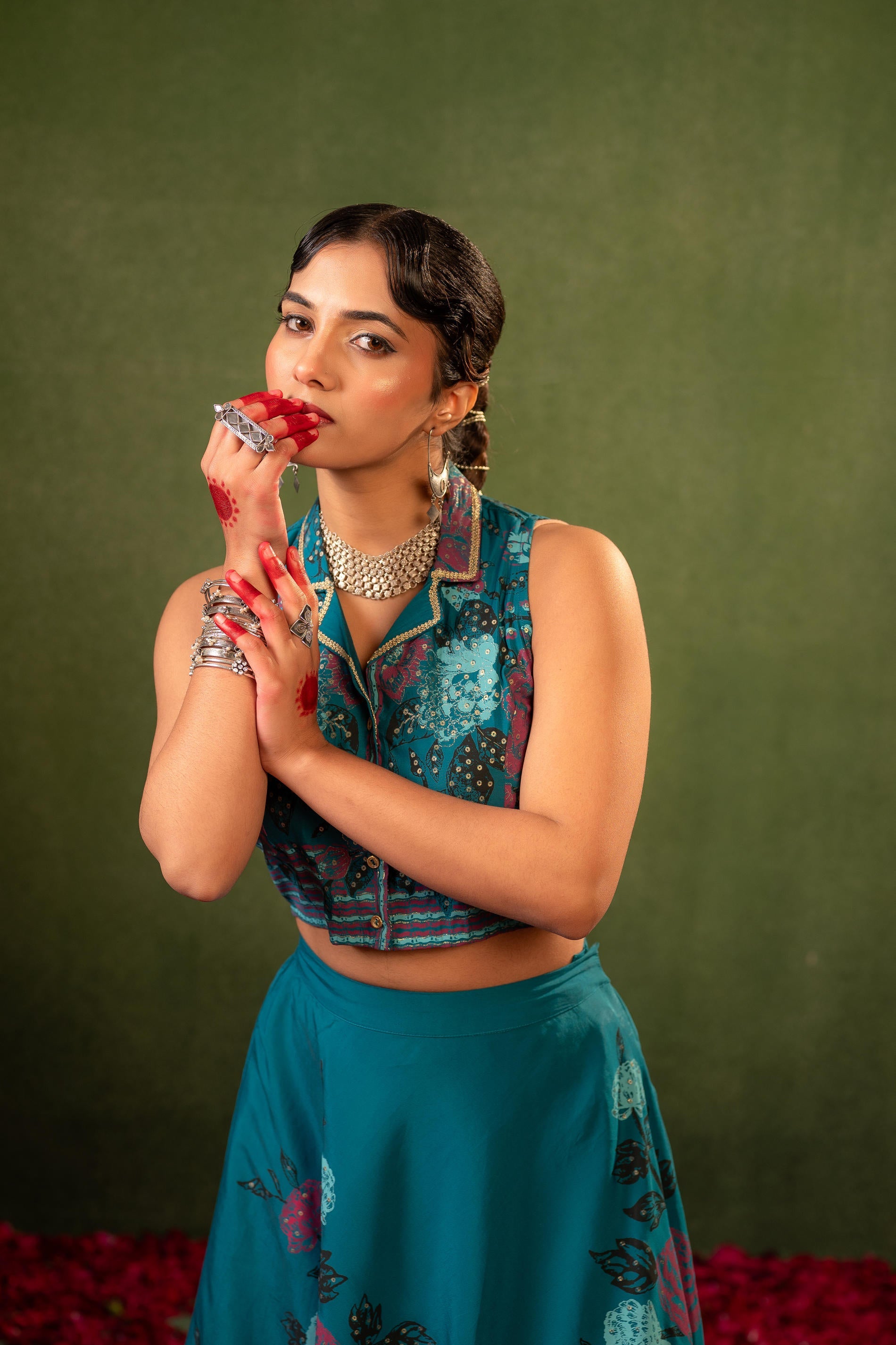Contemporary Printed Top Skirt Set - Teal | DesiQlo