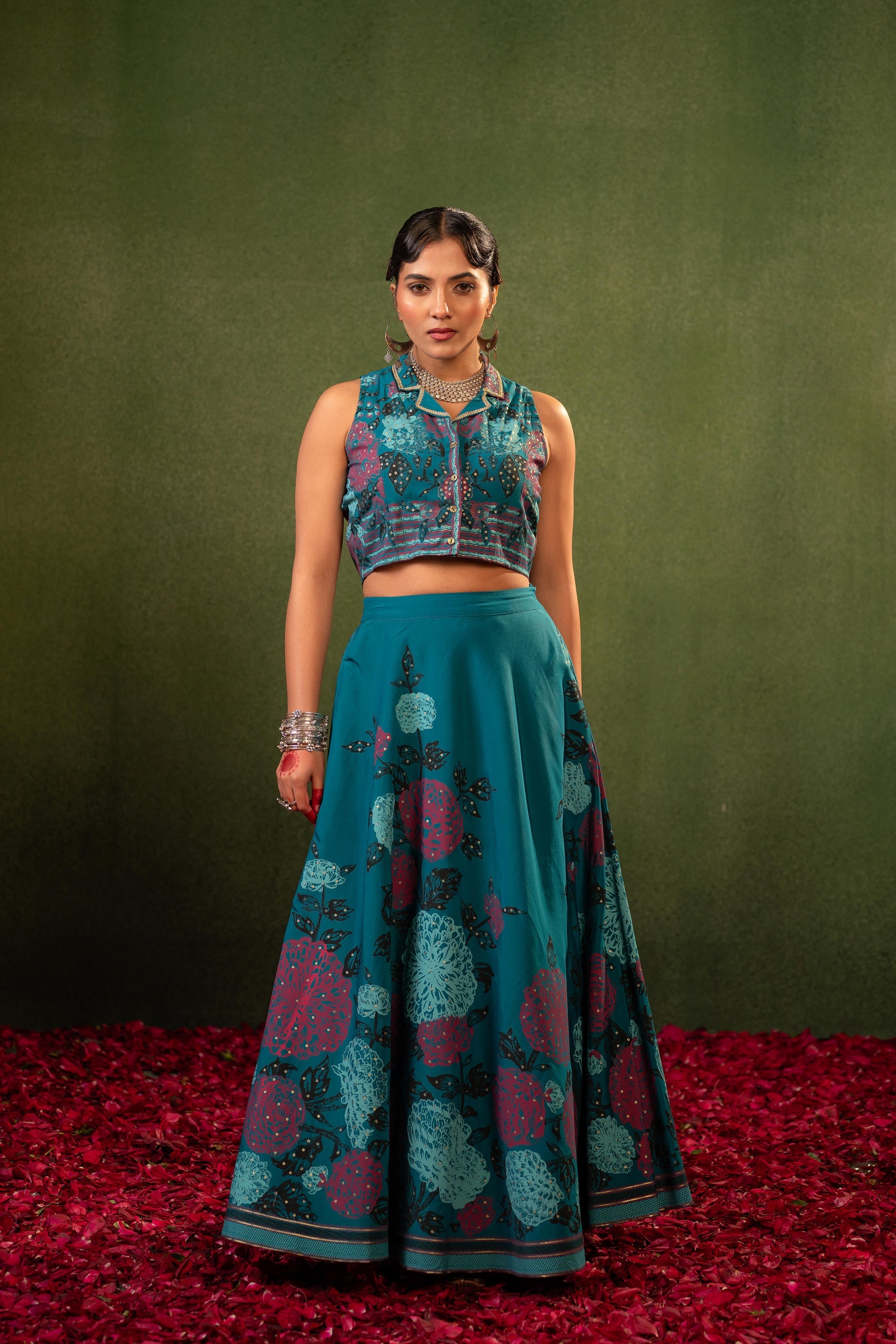 Contemporary Printed Top Skirt Set - Teal | DesiQlo