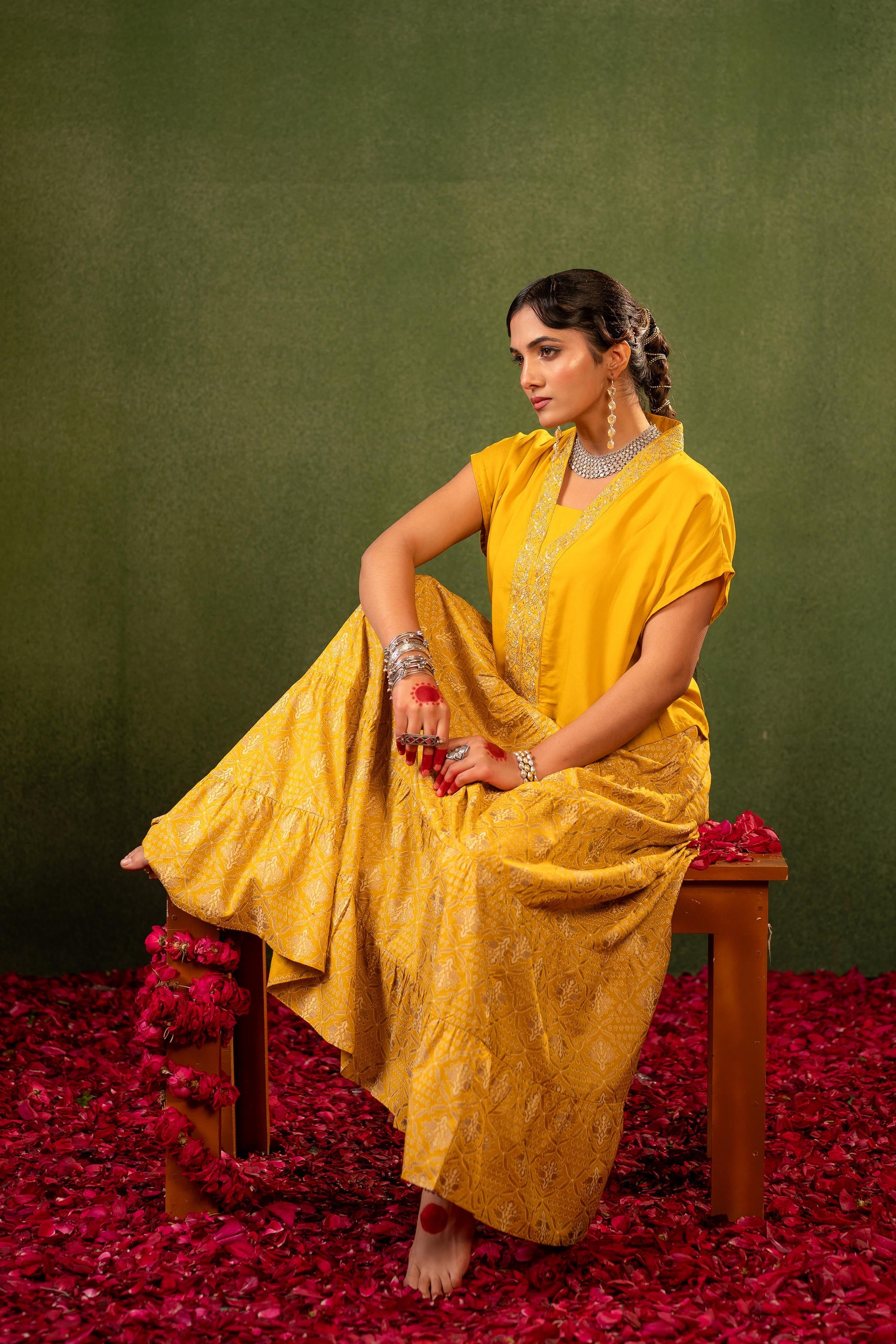 Virasat Printed Skirt Set - Mustard | DesiQlo