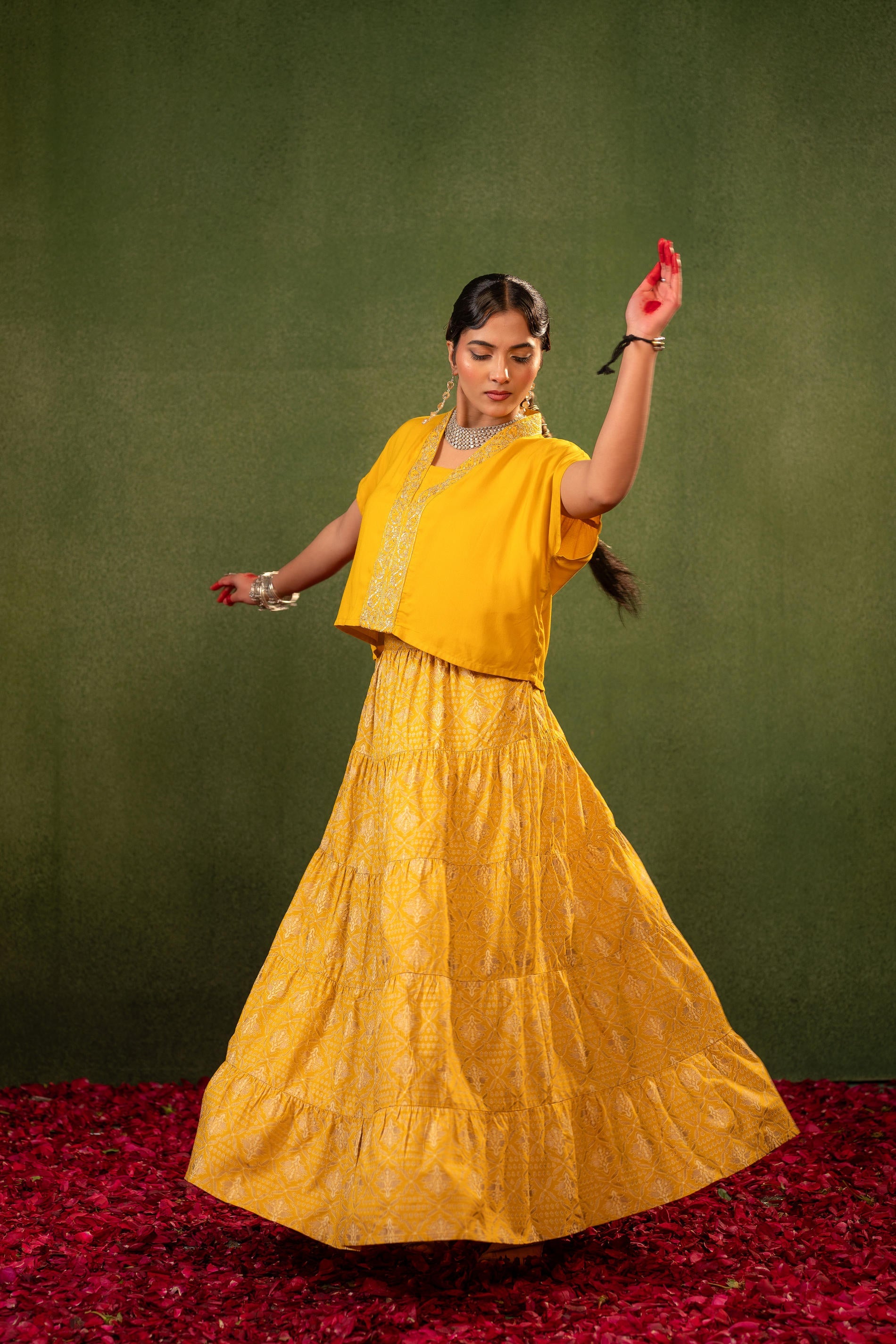 Virasat Printed Skirt Set - Mustard | DesiQlo