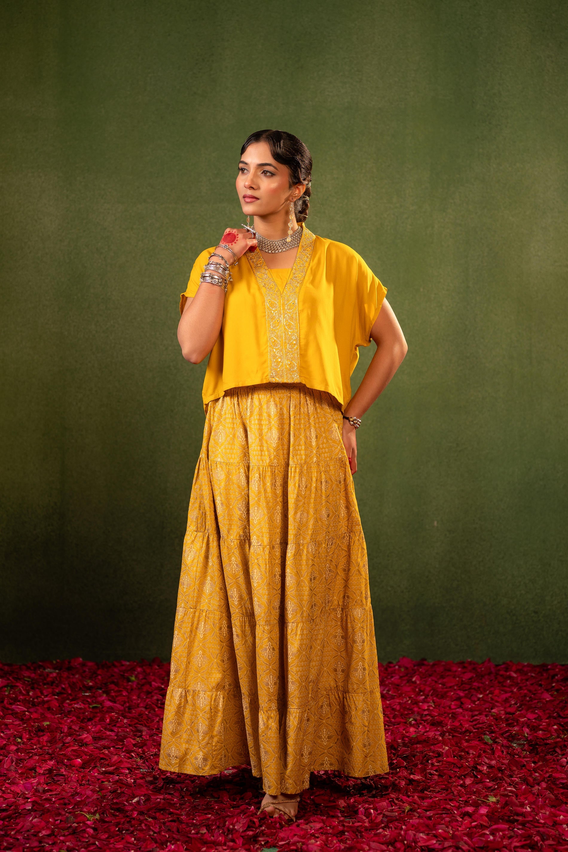 Virasat Printed Skirt Set - Mustard | DesiQlo