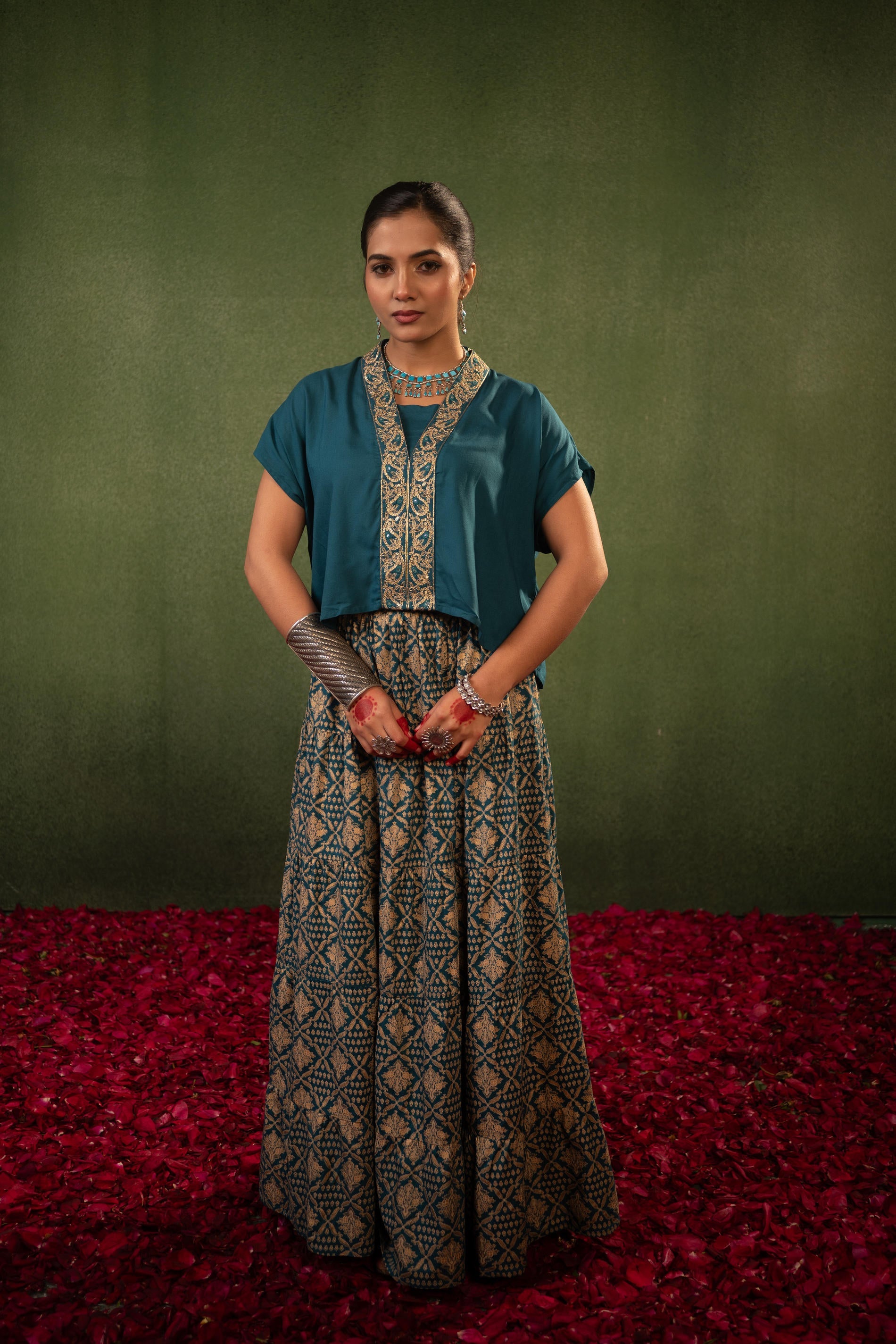 Virasat Printed Skirt Set - Teal | DesiQlo