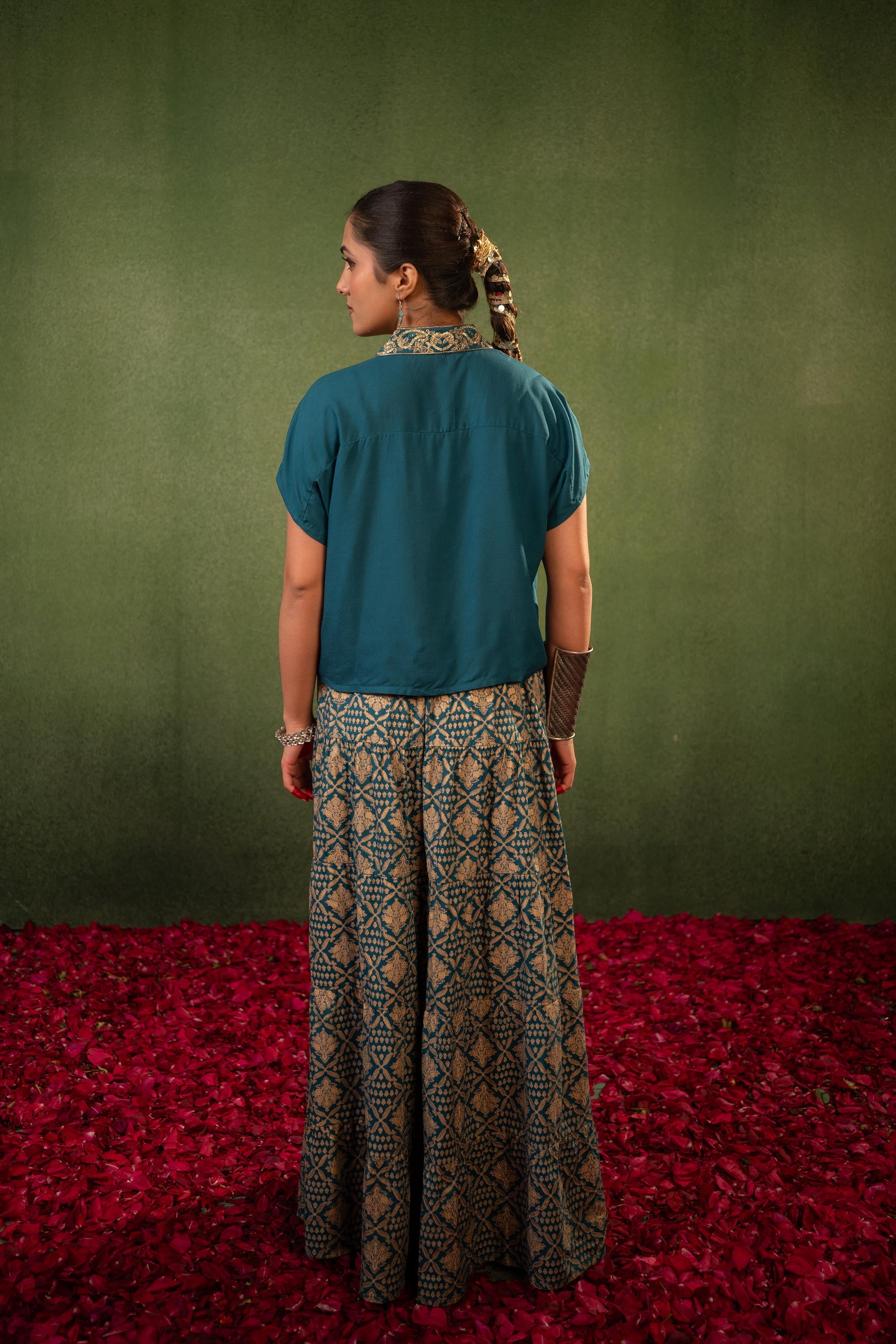 Virasat Printed Skirt Set - Teal | DesiQlo
