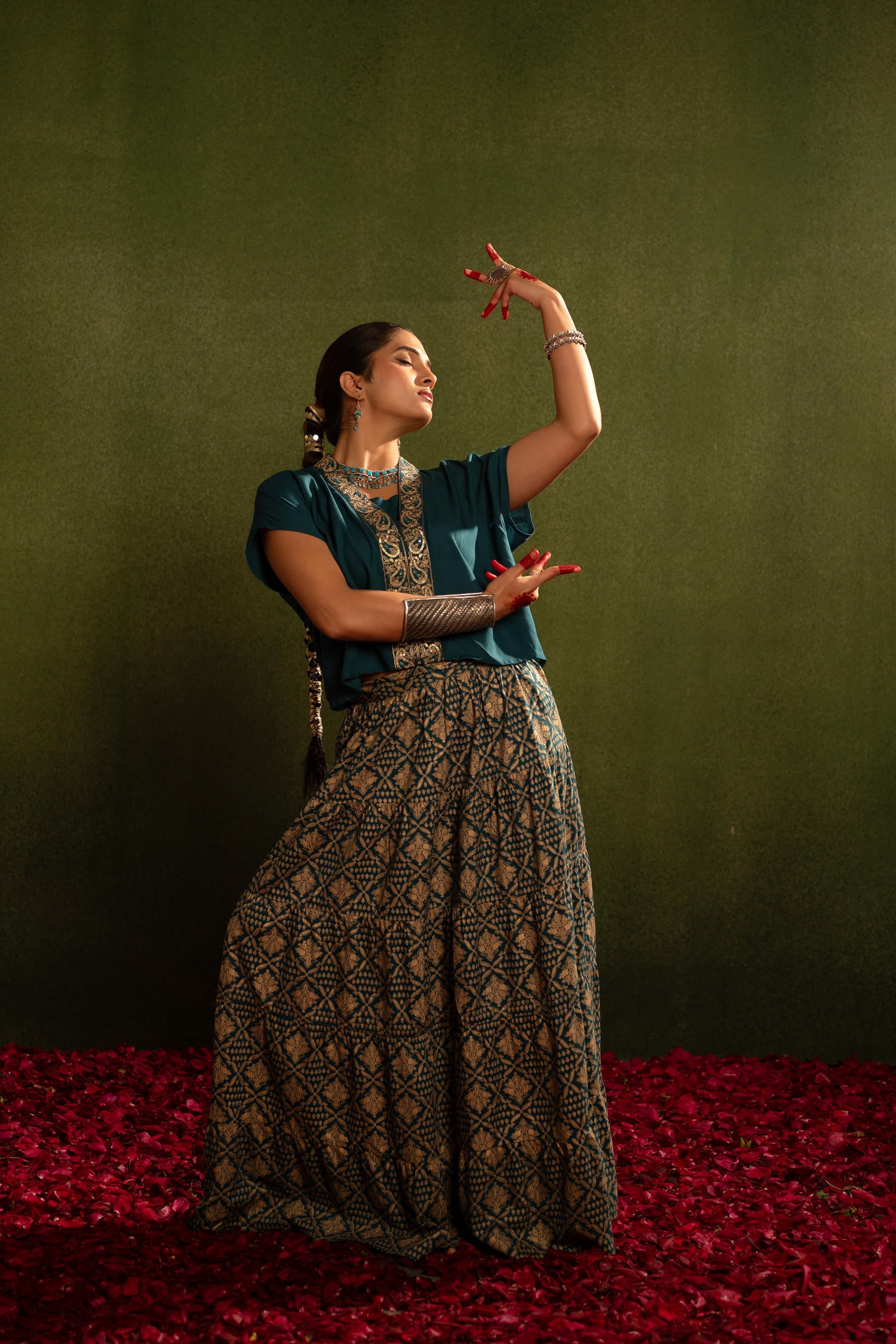 Virasat Printed Skirt Set - Teal | DesiQlo