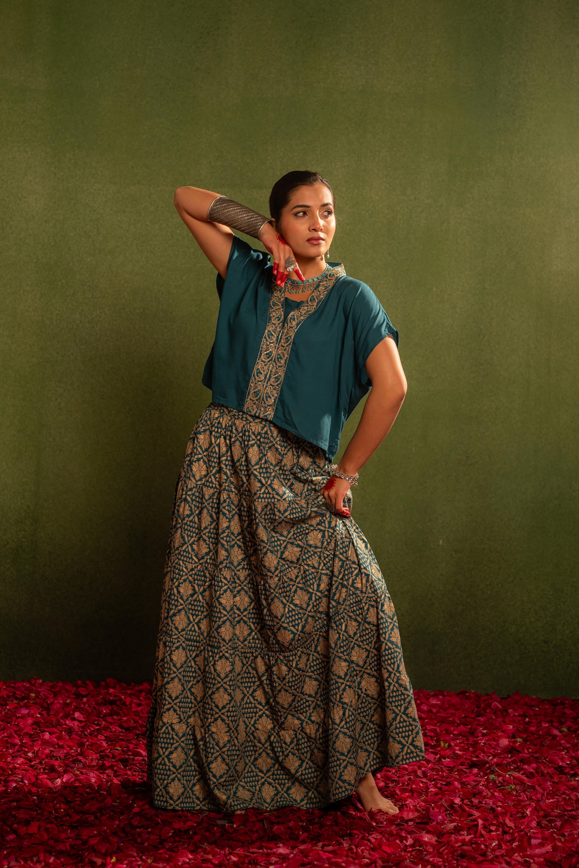 Virasat Printed Skirt Set - Teal | DesiQlo