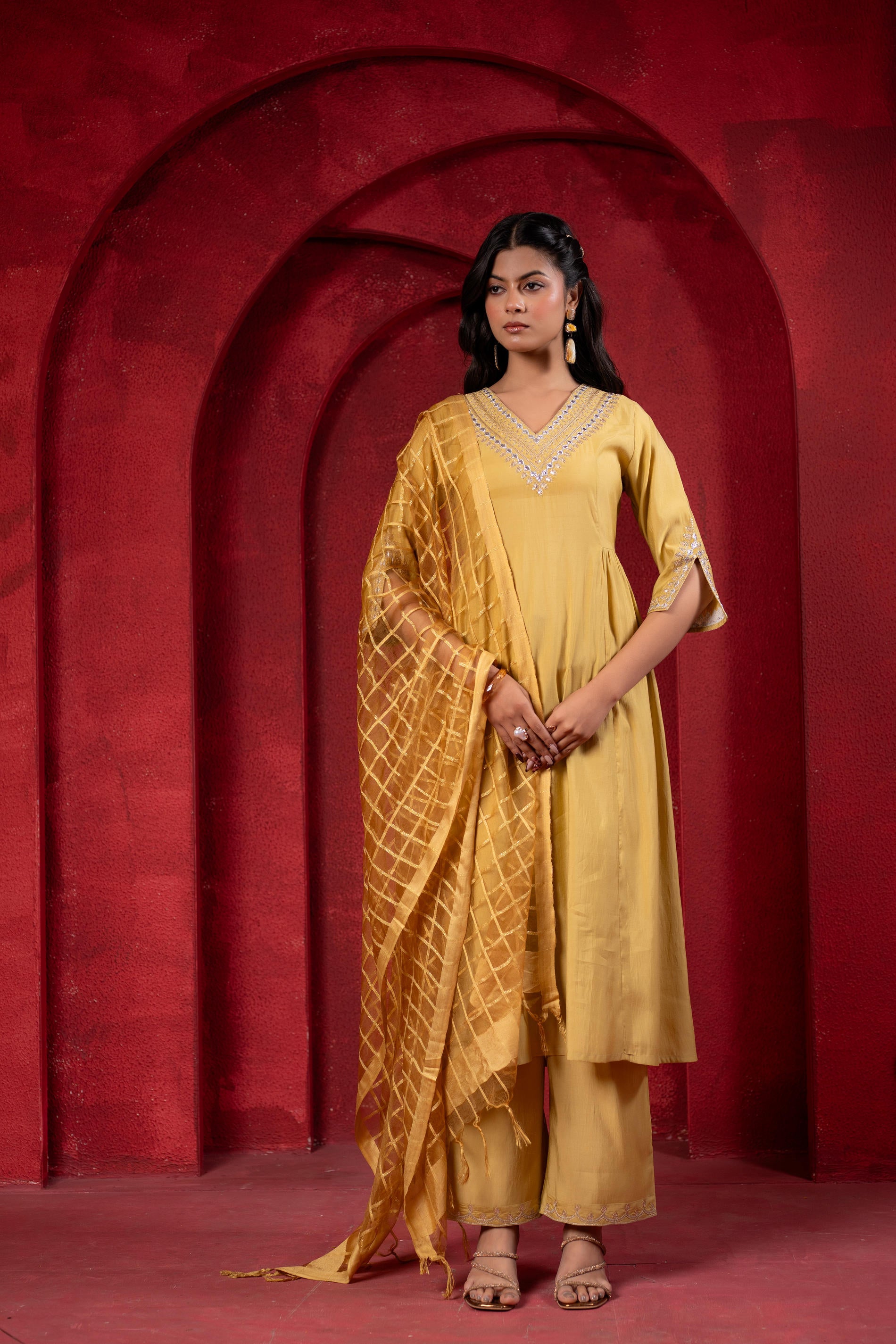 Mustard Elegance Chanderi Kurta Set with Geometric Dupatta-P1907GREEN