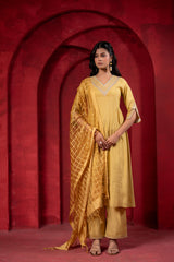 Mustard Elegance Chanderi Kurta Set with Geometric Dupatta-P1907GREEN