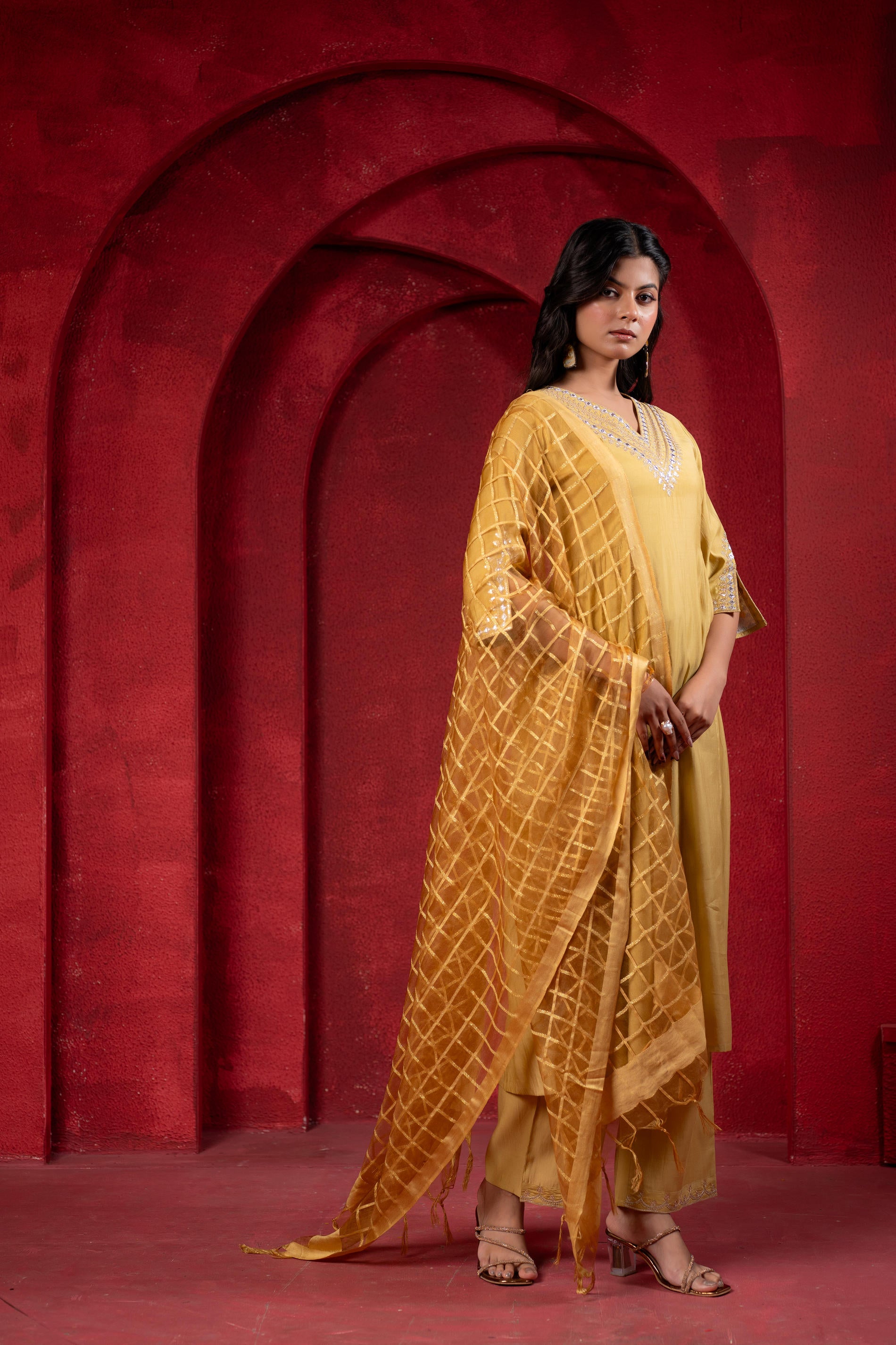 Mustard Elegance Chanderi Kurta Set with Geometric Dupatta-P1907GREEN