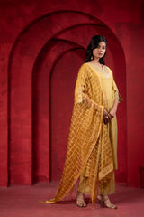 Mustard Elegance Chanderi Kurta Set with Geometric Dupatta-P1907GREEN