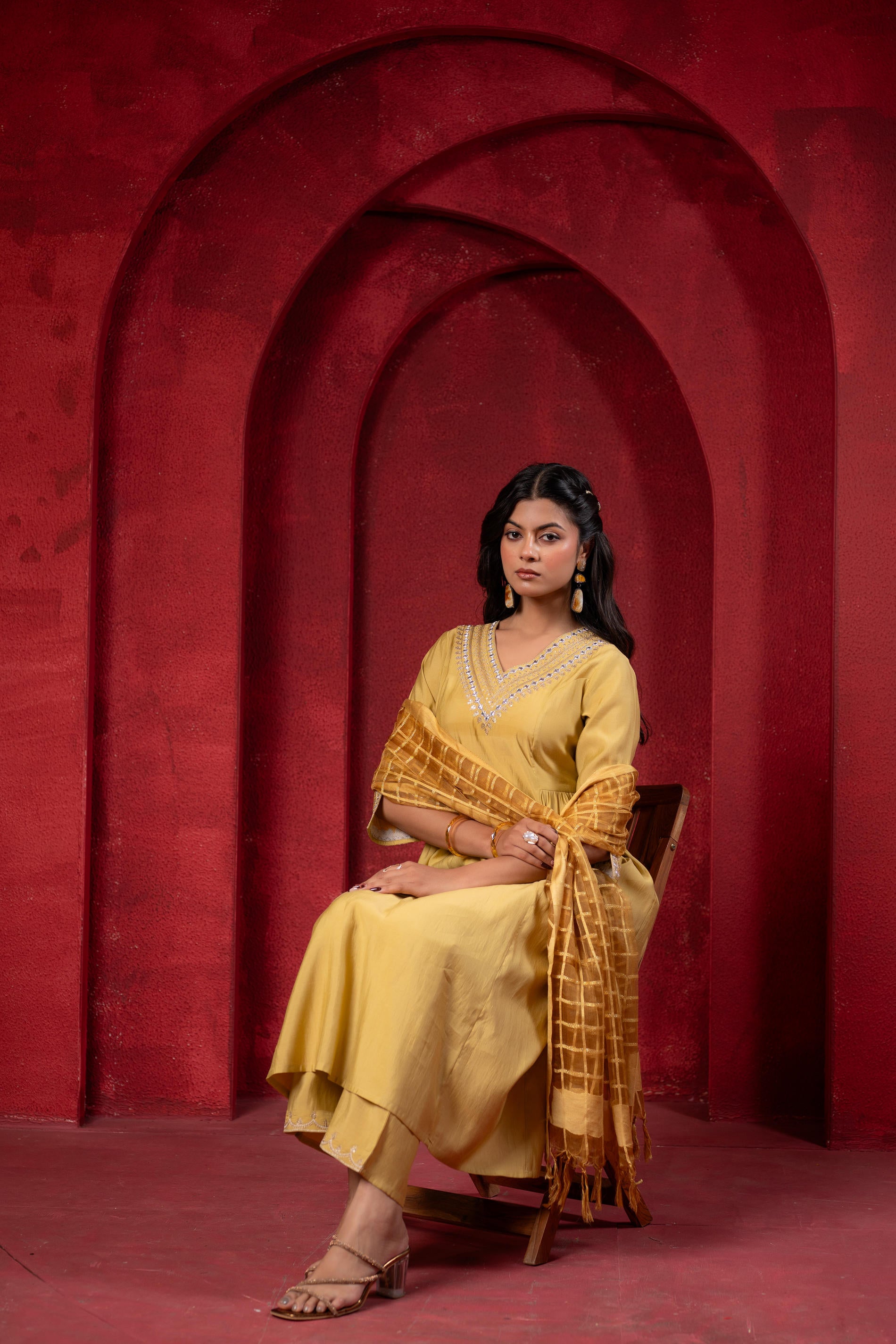 Mustard Elegance Chanderi Kurta Set with Geometric Dupatta-P1907GREEN
