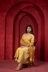 Mustard Elegance Chanderi Kurta Set with Geometric Dupatta-P1907GREEN