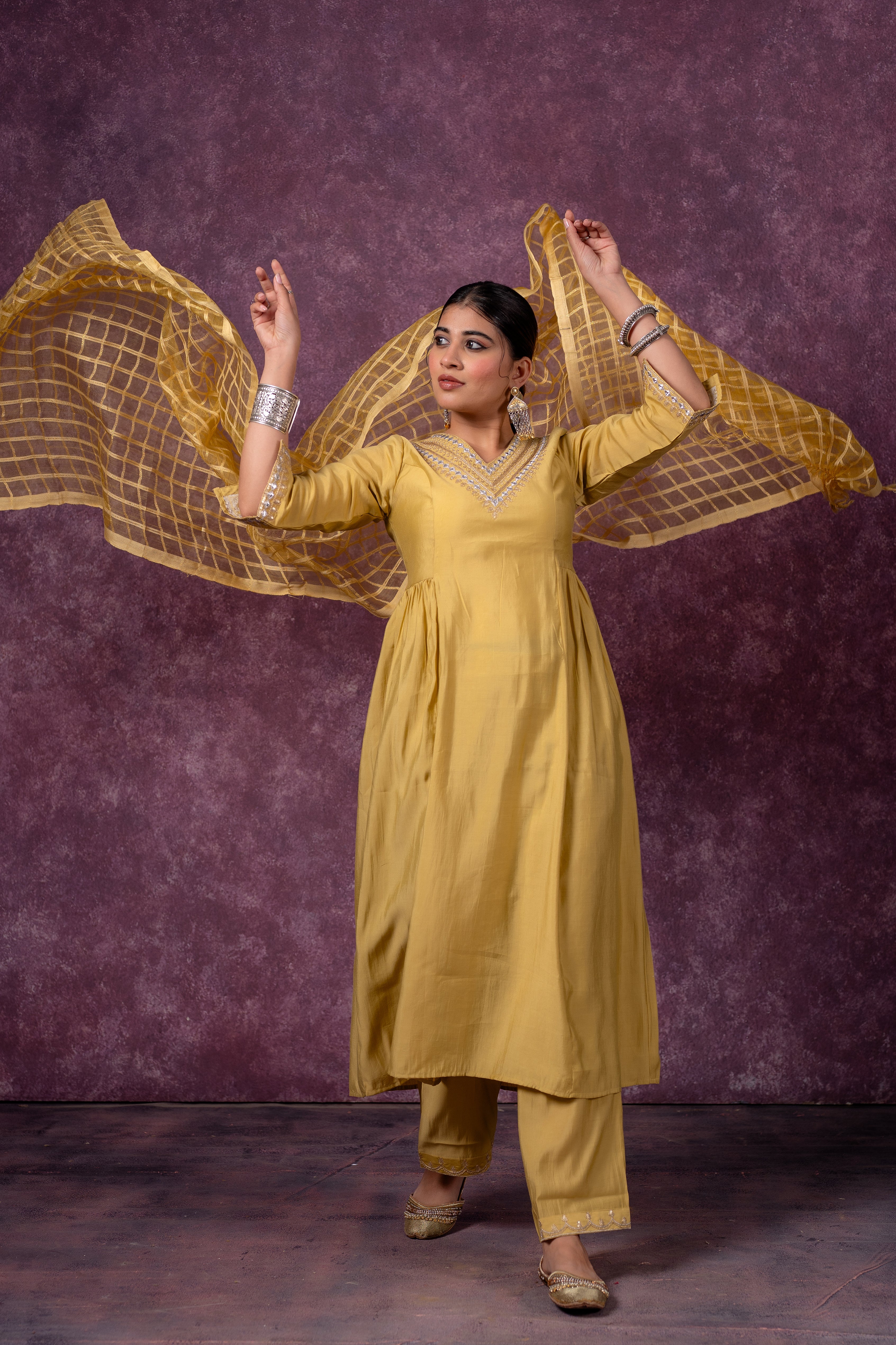 Mustard Elegance Chanderi Kurta Set with Geometric Dupatta | DesiQlo