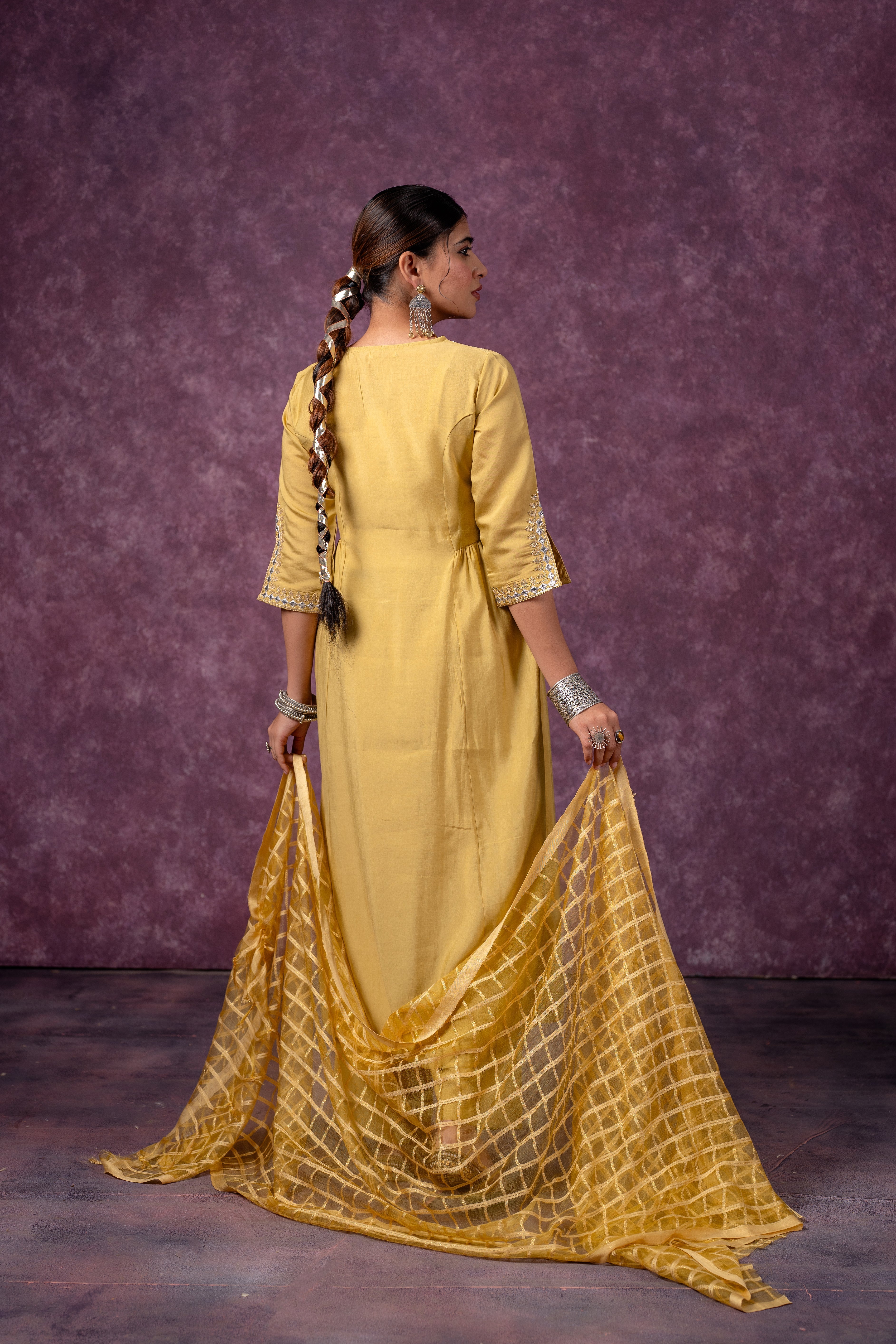 Mustard Elegance Chanderi Kurta Set with Geometric Dupatta | DesiQlo