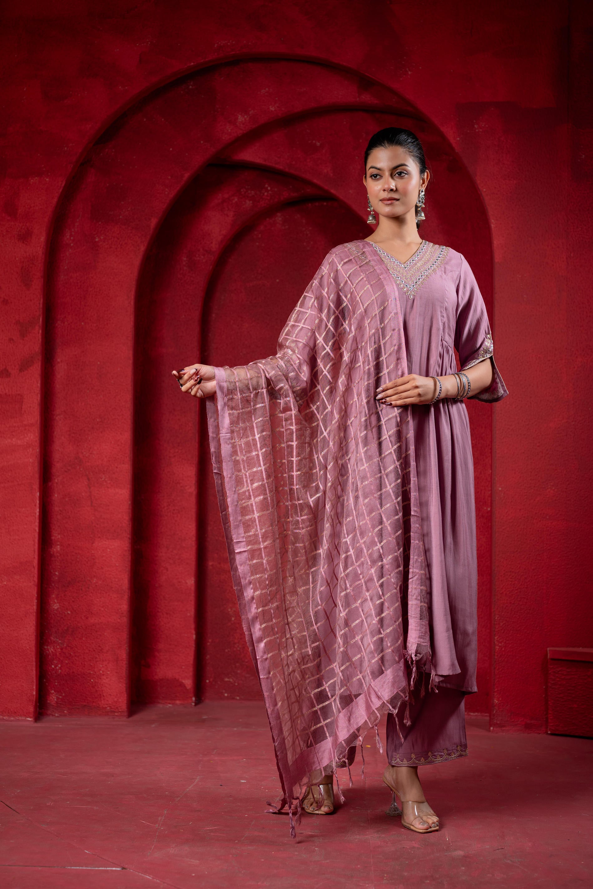 Onion Pink Elegance Chanderi Kurta Set with Geometric Dupatta-P1907ONIONPINK