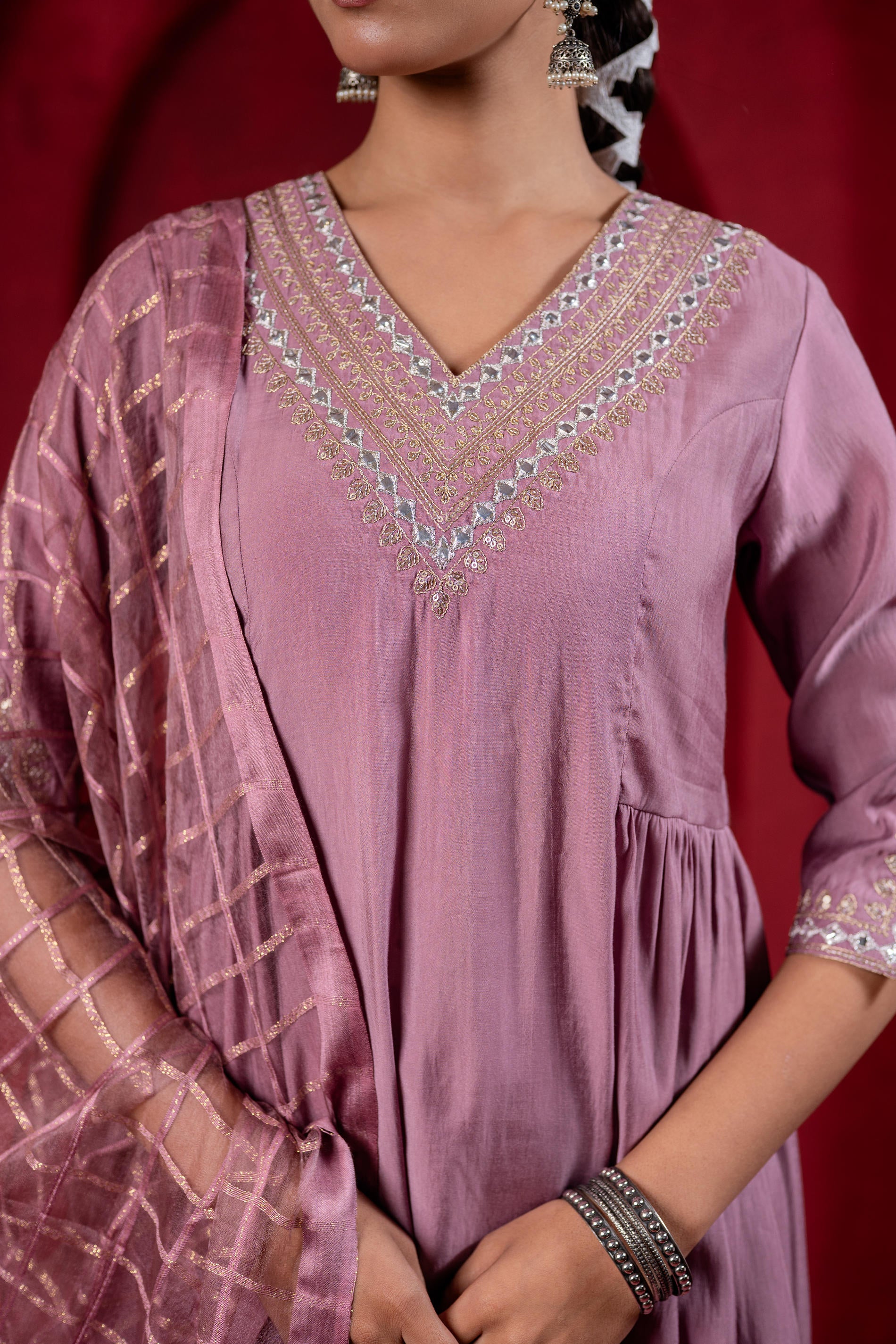 Onion Pink Elegance Chanderi Kurta Set with Geometric Dupatta-P1907ONIONPINK