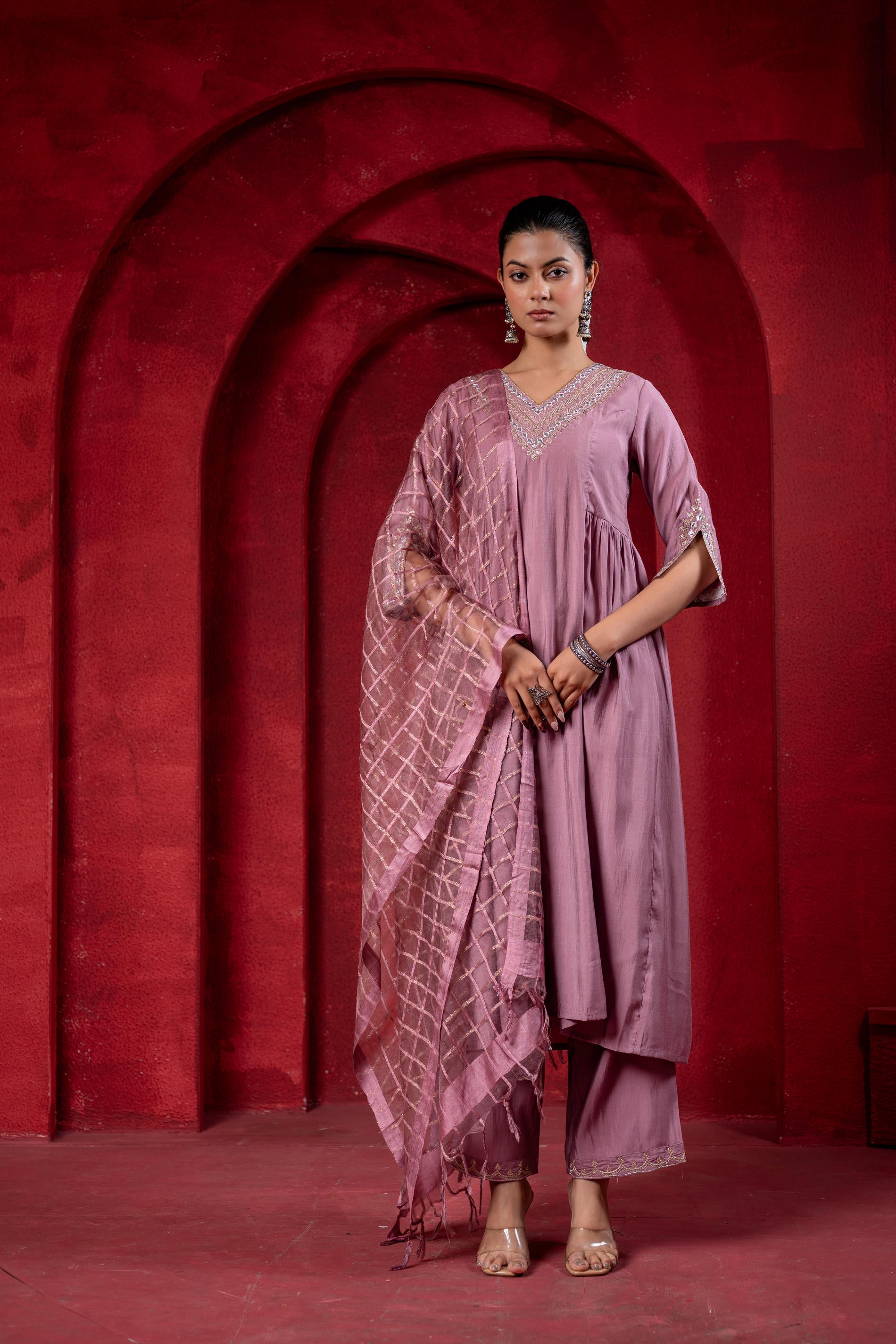 Onion Pink Elegance Chanderi Kurta Set with Geometric Dupatta-P1907ONIONPINK