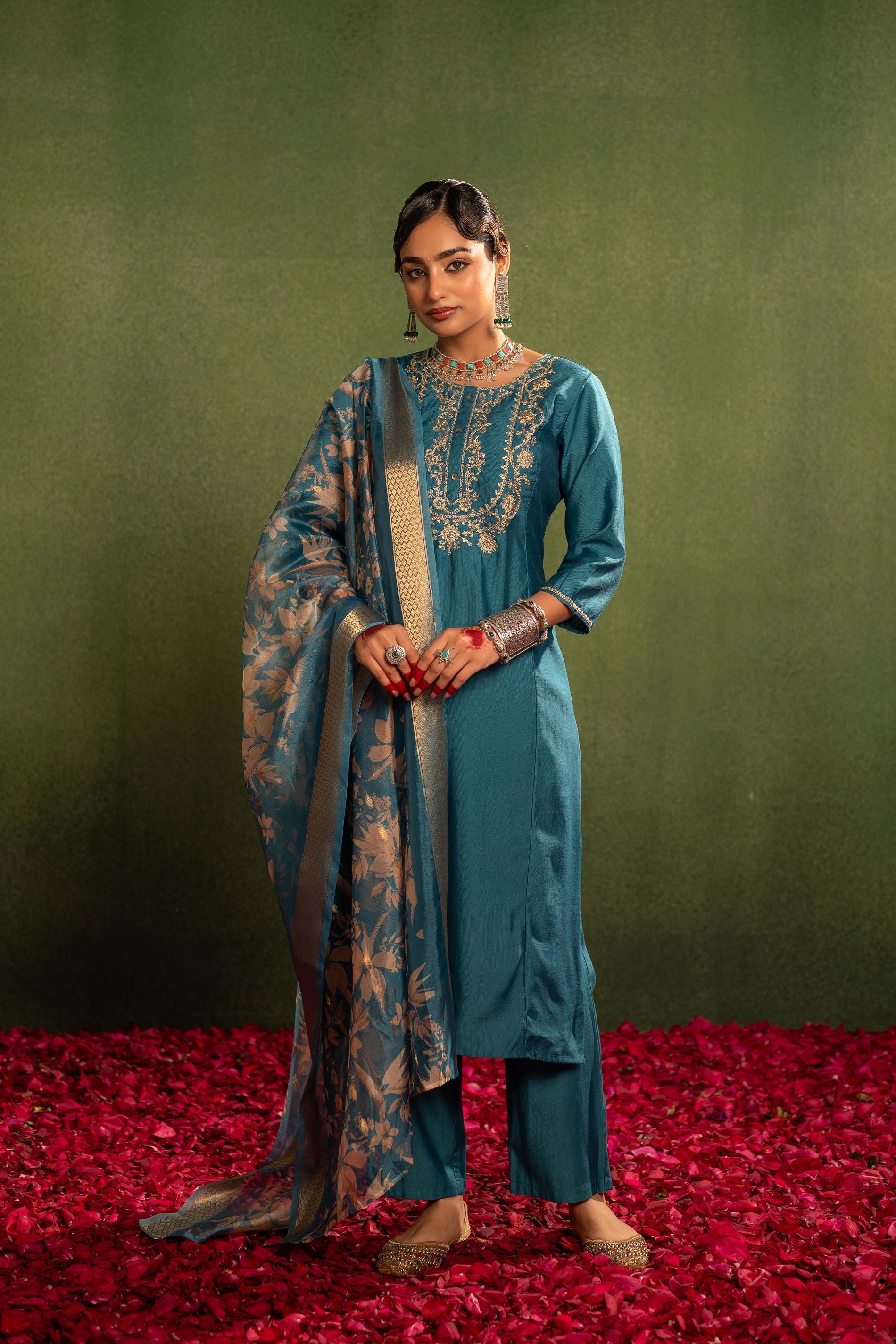Teal, Embroidered Kurta Set with Jacquard Dupatta | DesiQlo