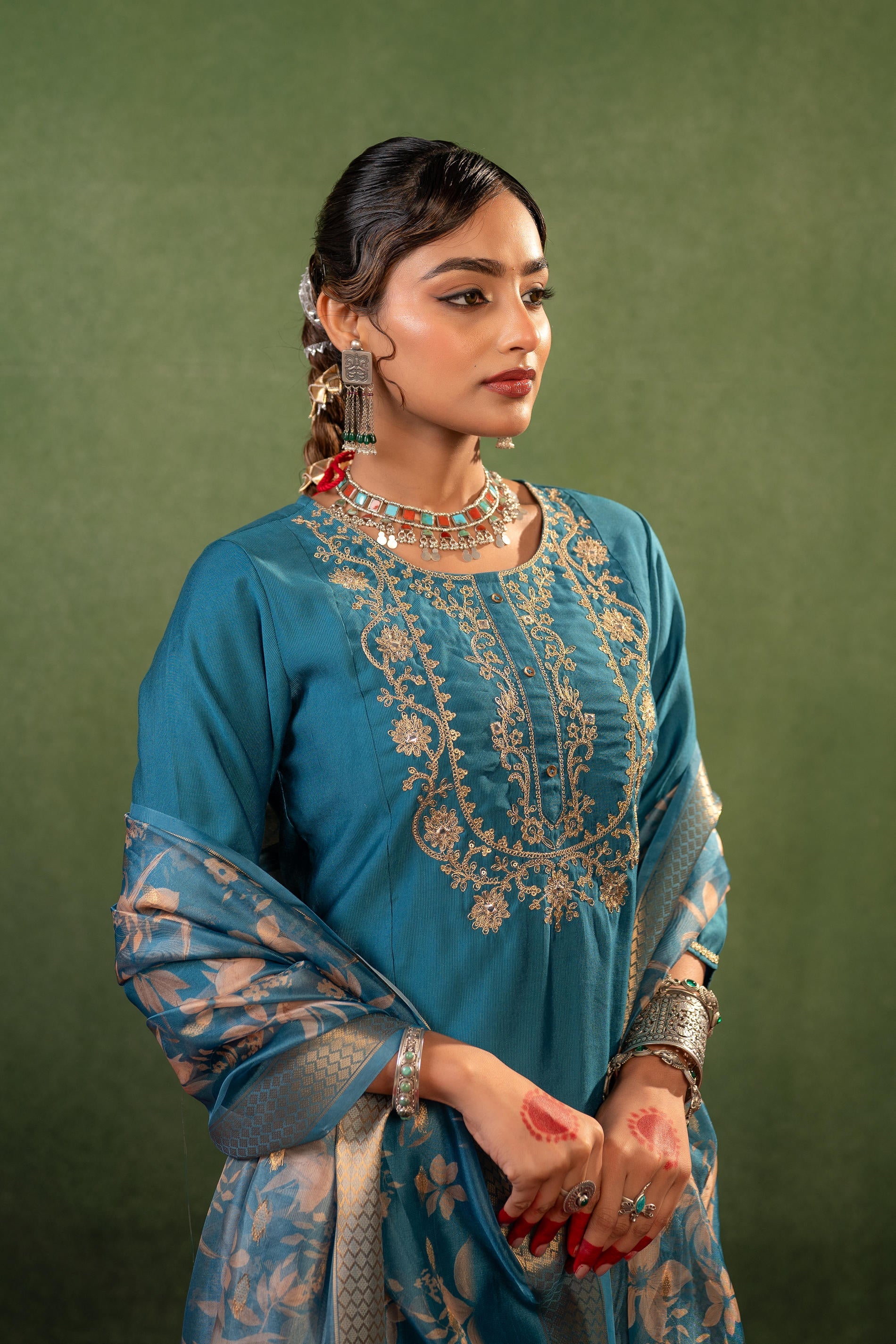 Teal, Embroidered Kurta Set with Jacquard Dupatta | DesiQlo