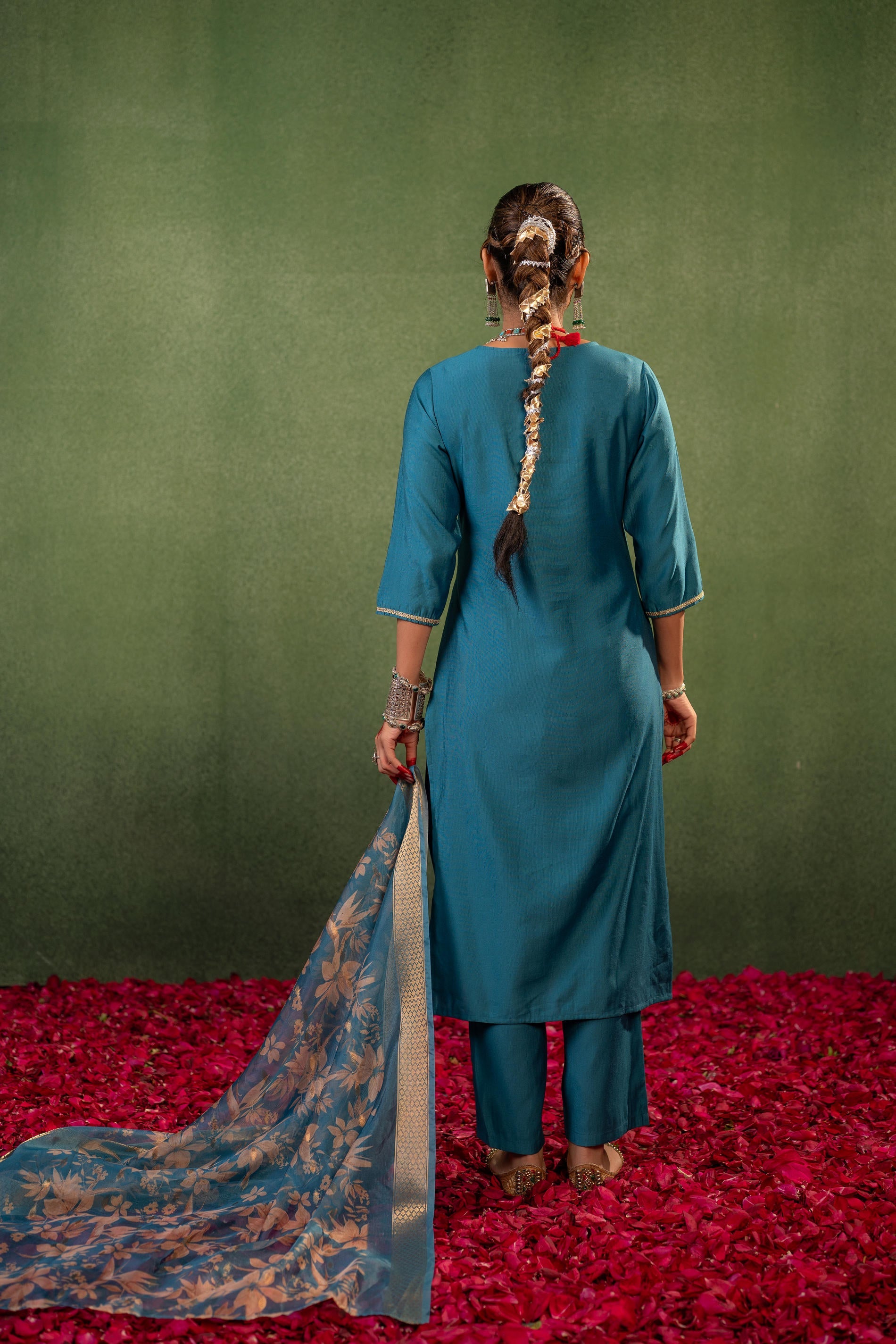 Teal, Embroidered Kurta Set with Jacquard Dupatta | DesiQlo